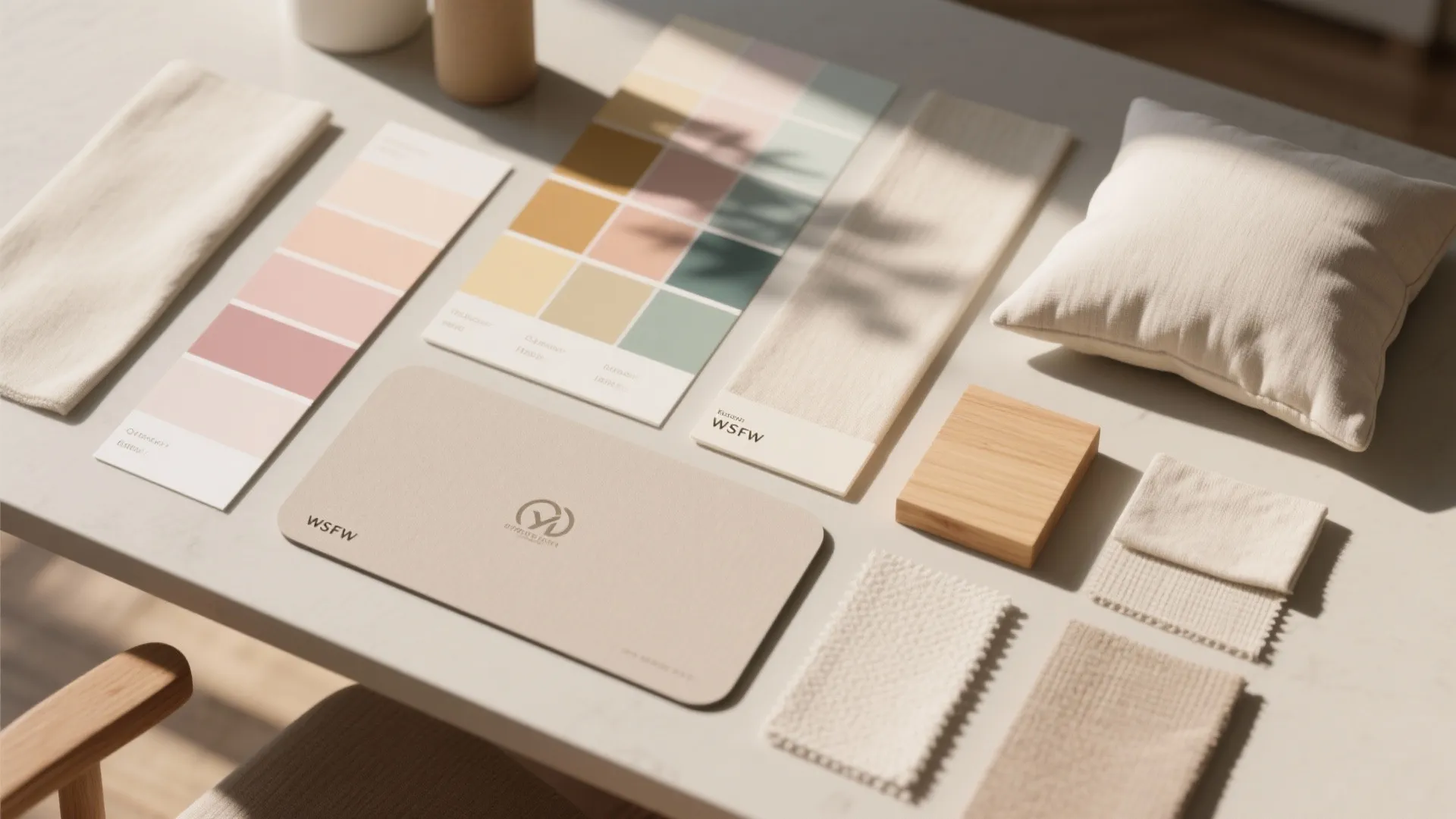 Top-down flatlay of pastel paint swatches, fabric samples and wood textures for a spring office palette.