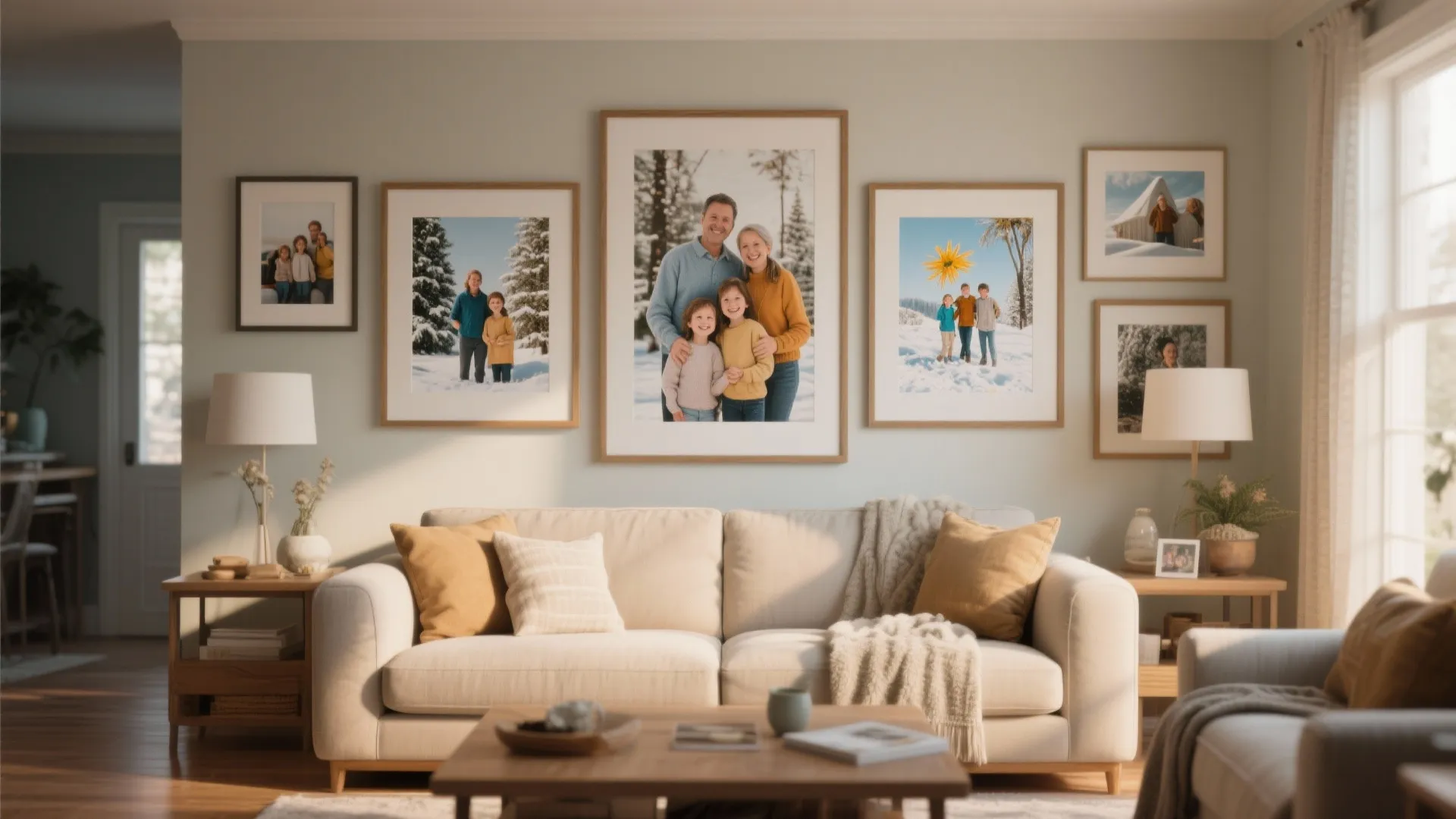Cozy living room interior showing winter family photos framed on the wall above white sofa