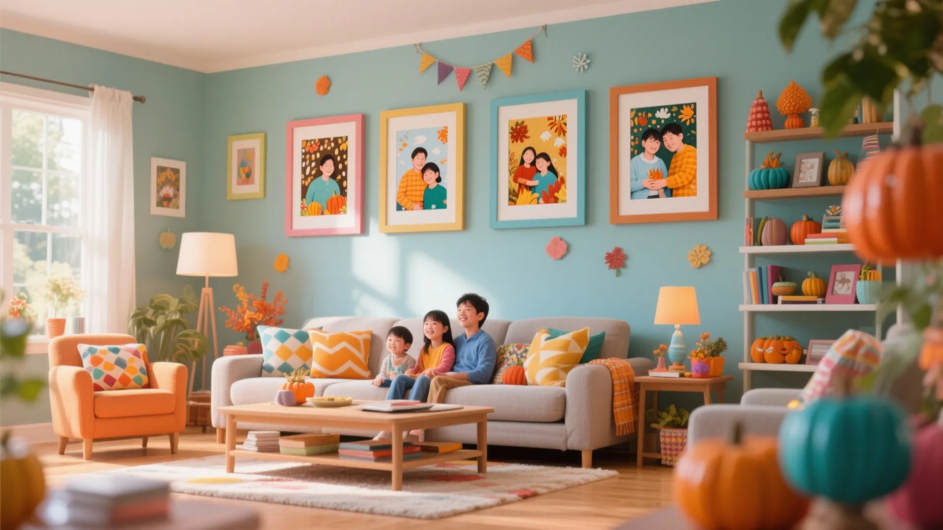 Seasonally themed 4x6 photo display in family living room