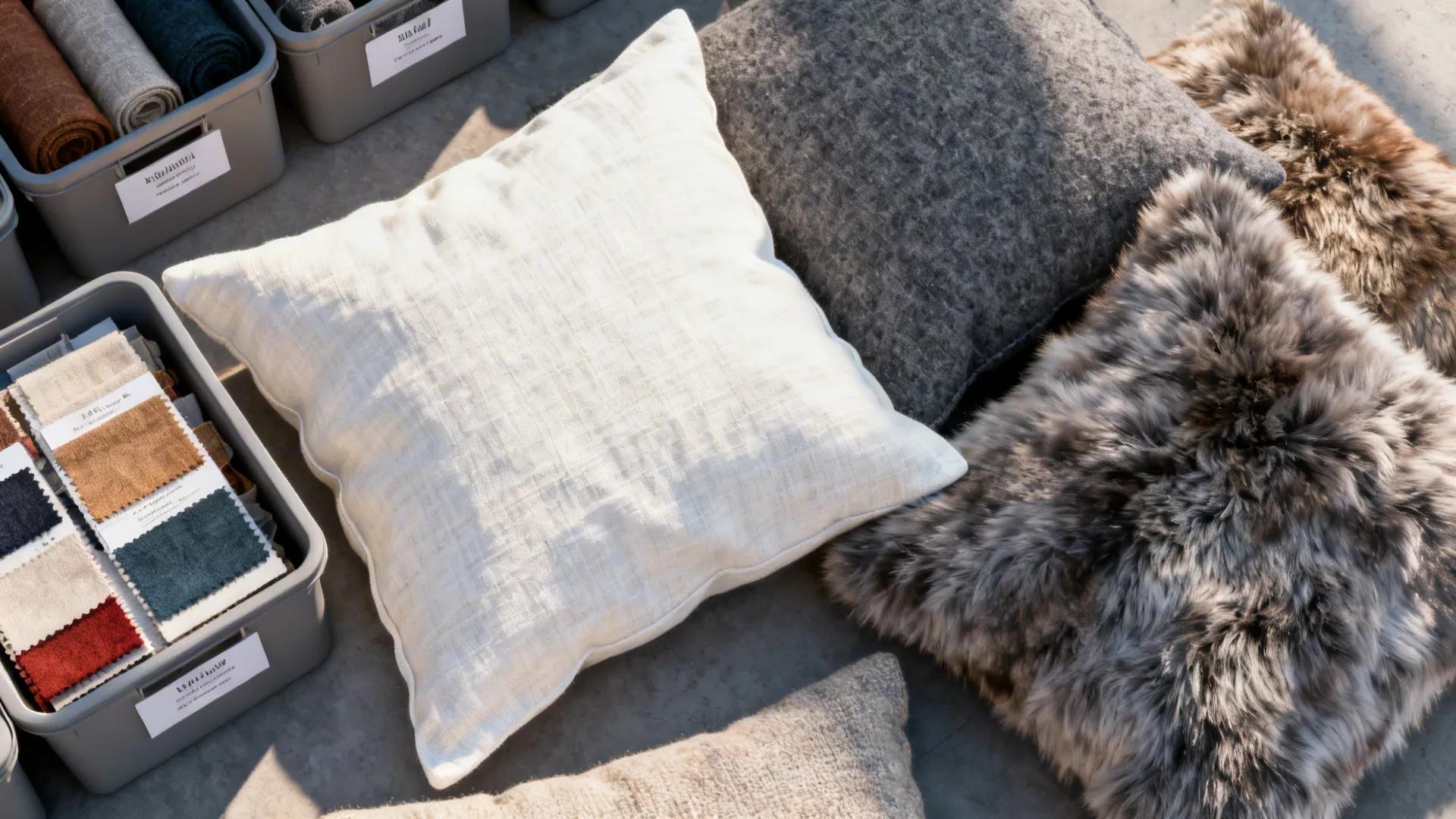 Top-down flatlay of bright summer linen covers and winter wool and faux fur pillow covers with labeled storage bins.