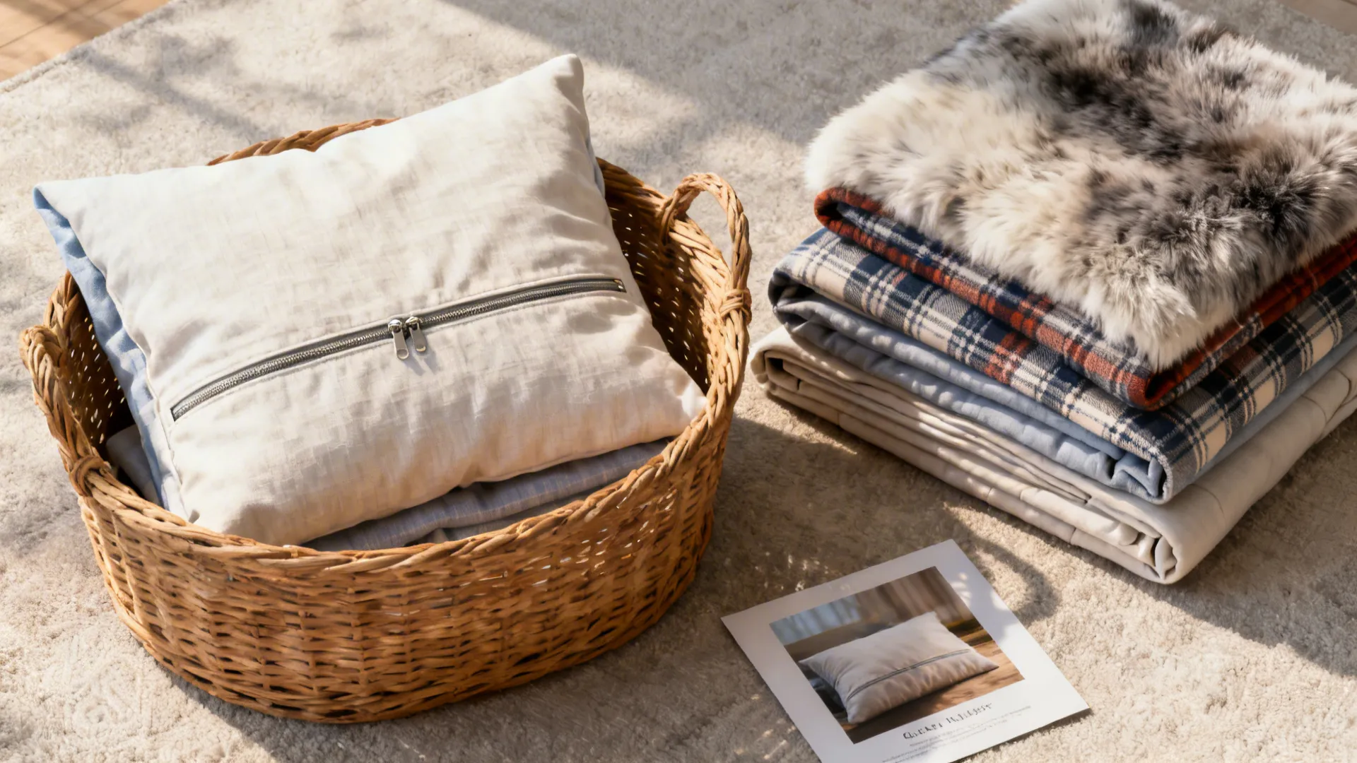 Top-down view of folded zip pillow covers in a basket with seasonal cover options and a high-quality insert