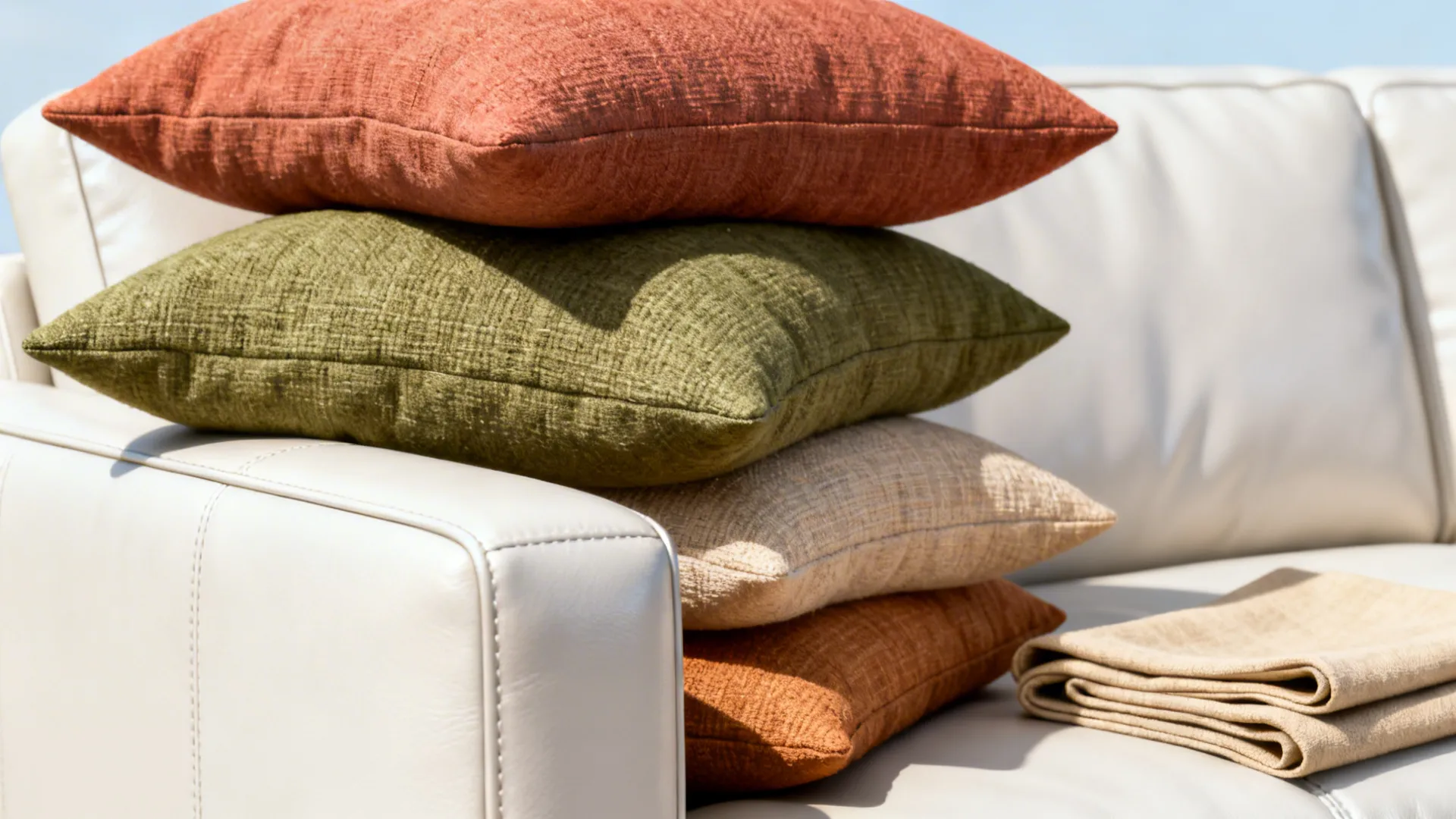 Stack of seasonal pillows on white leather sofa with a folded slipcover nearby
