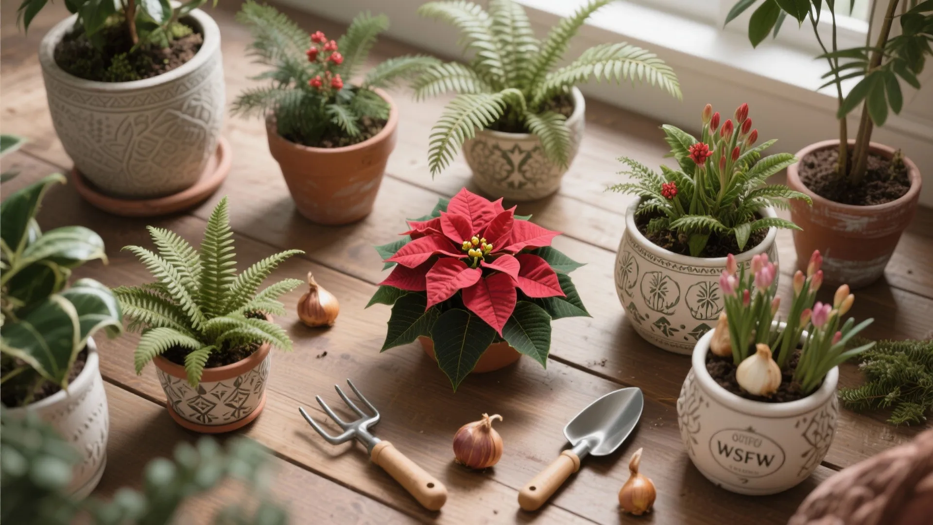 Flatlay of seasonal plants and gardening items