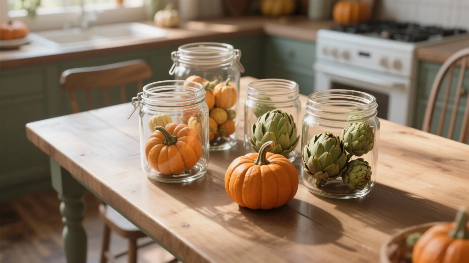 Glass jars filled with small pumpkins and green vegetables on a wooden kitchen dining table