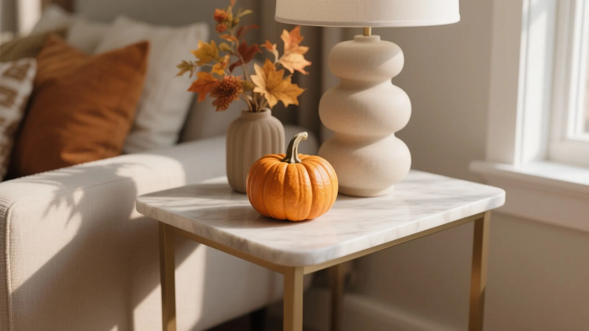 Marble side table with an orange pumpkin a light fixture and vase of autumn leaves