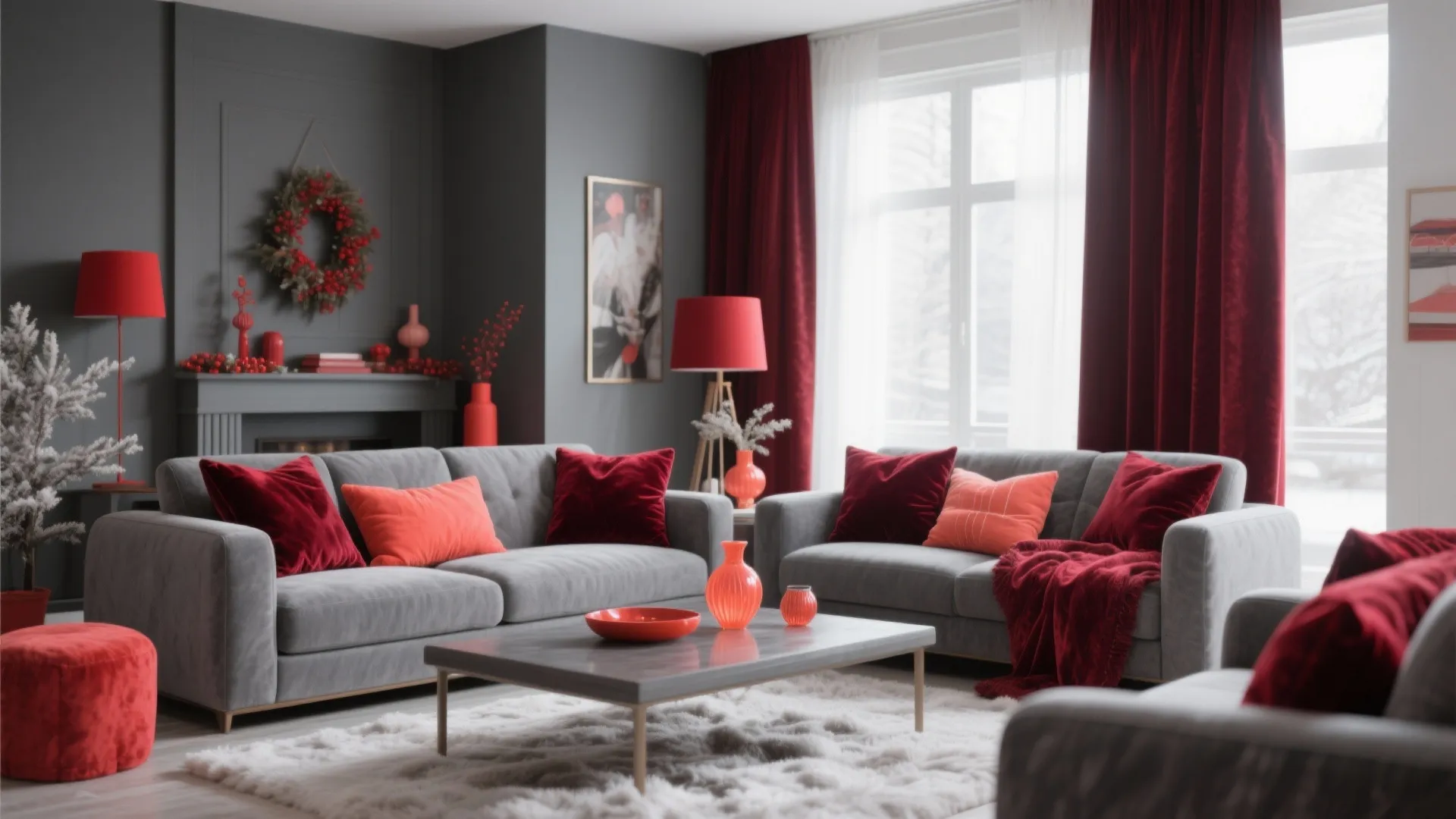 Modern living room with grey sofas red cushions dark red curtains and a festive wall wreath