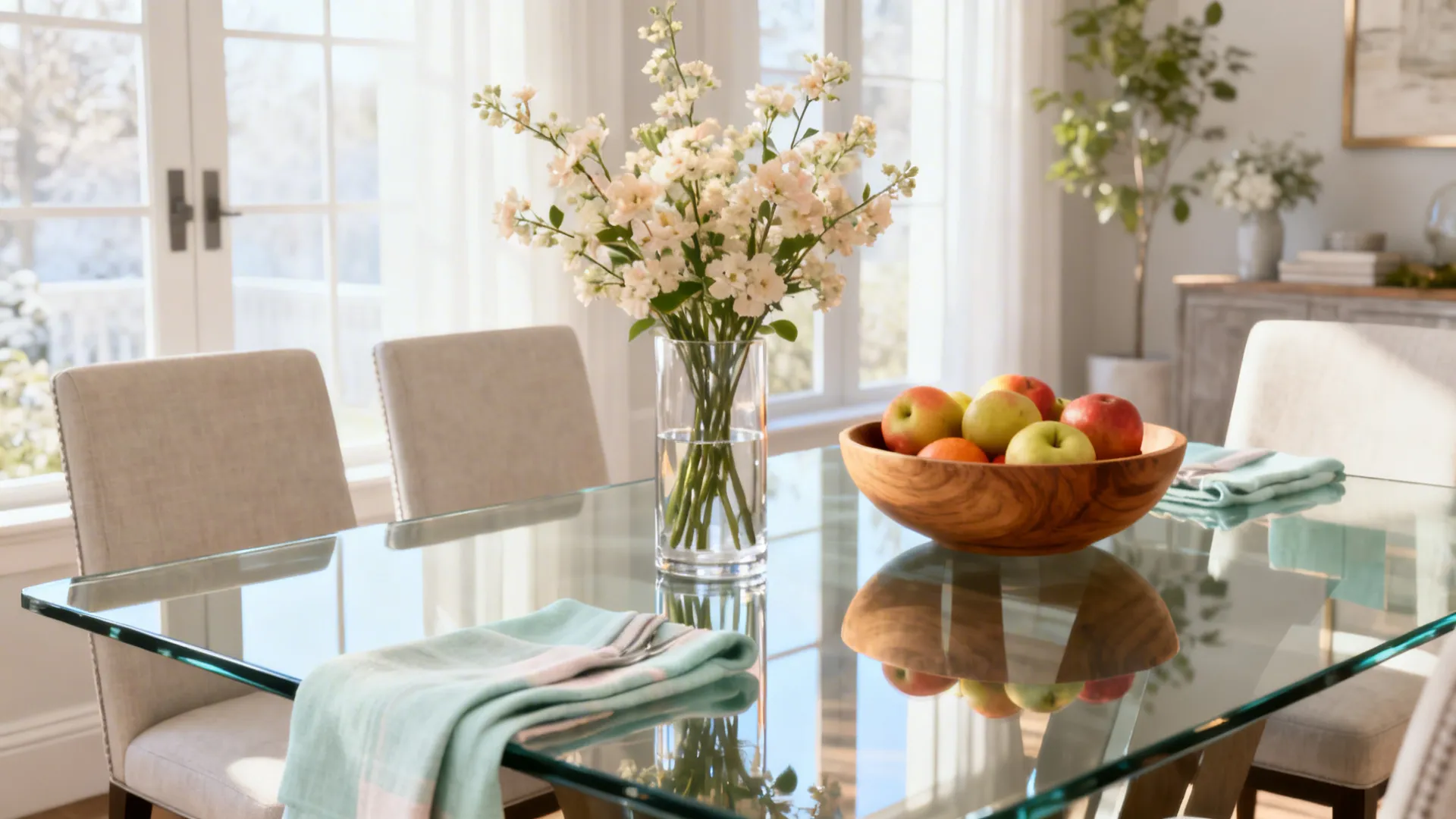 Bright dining area with white flowers in vase and fresh apples in wooden bowl table