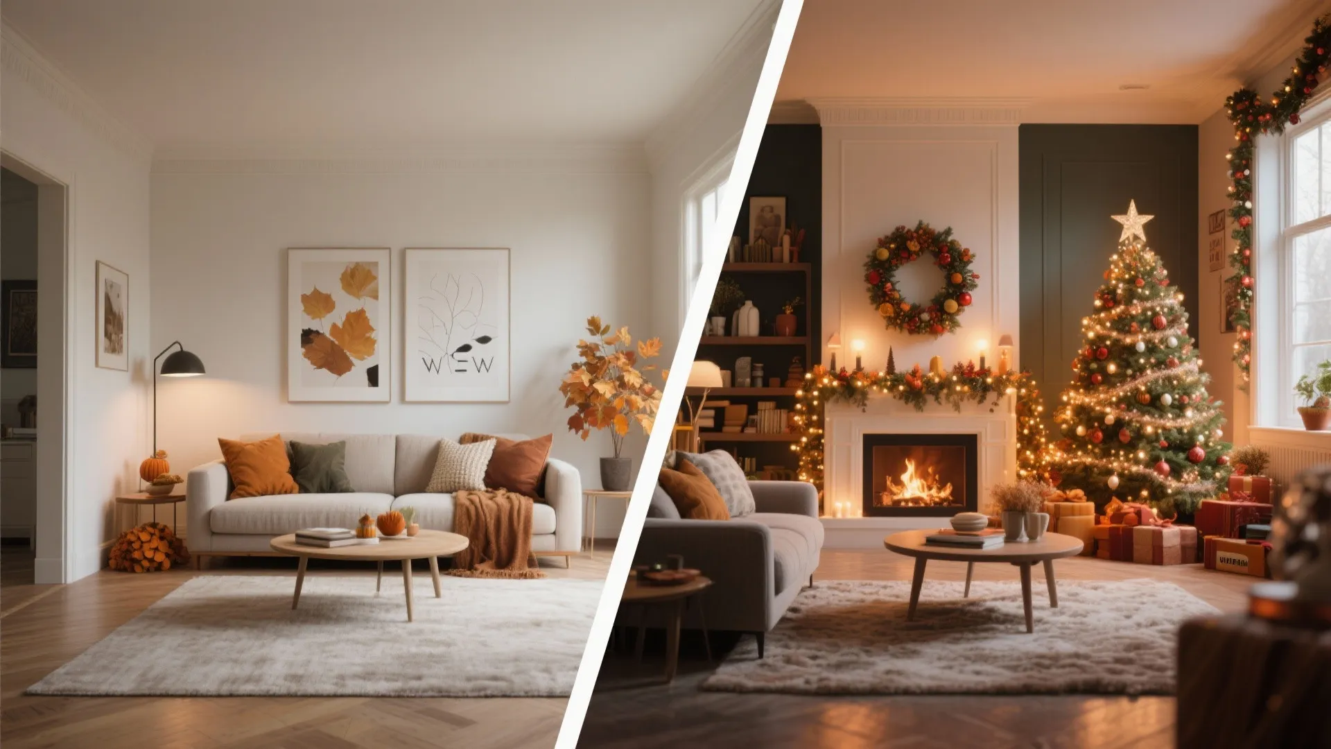 Room with autumn decor on one side and holiday decor on the other