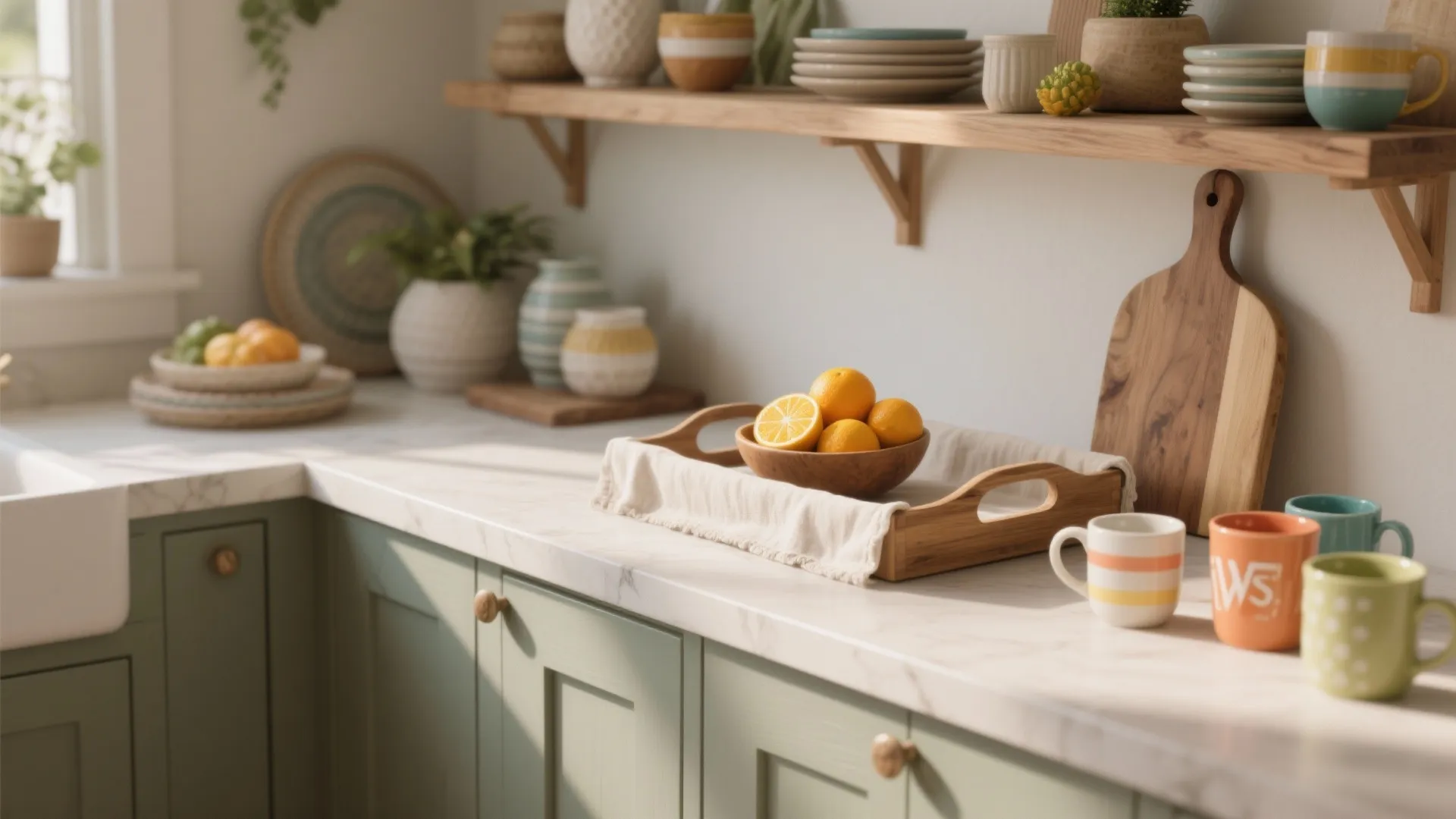 Modern kitchen with green cabinets marble countertop wooden tray with oranges mugs and wall shelf