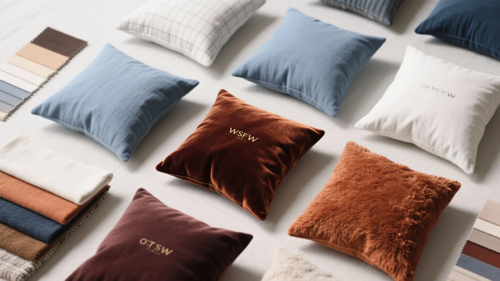 Top-down flat lay of summer linen and winter velvet pillow covers and fabric swatches.