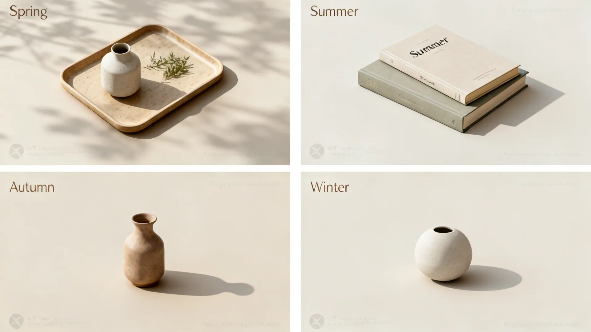 Top-down mockup of four seasonal coffee table styling groupings for quick rotation