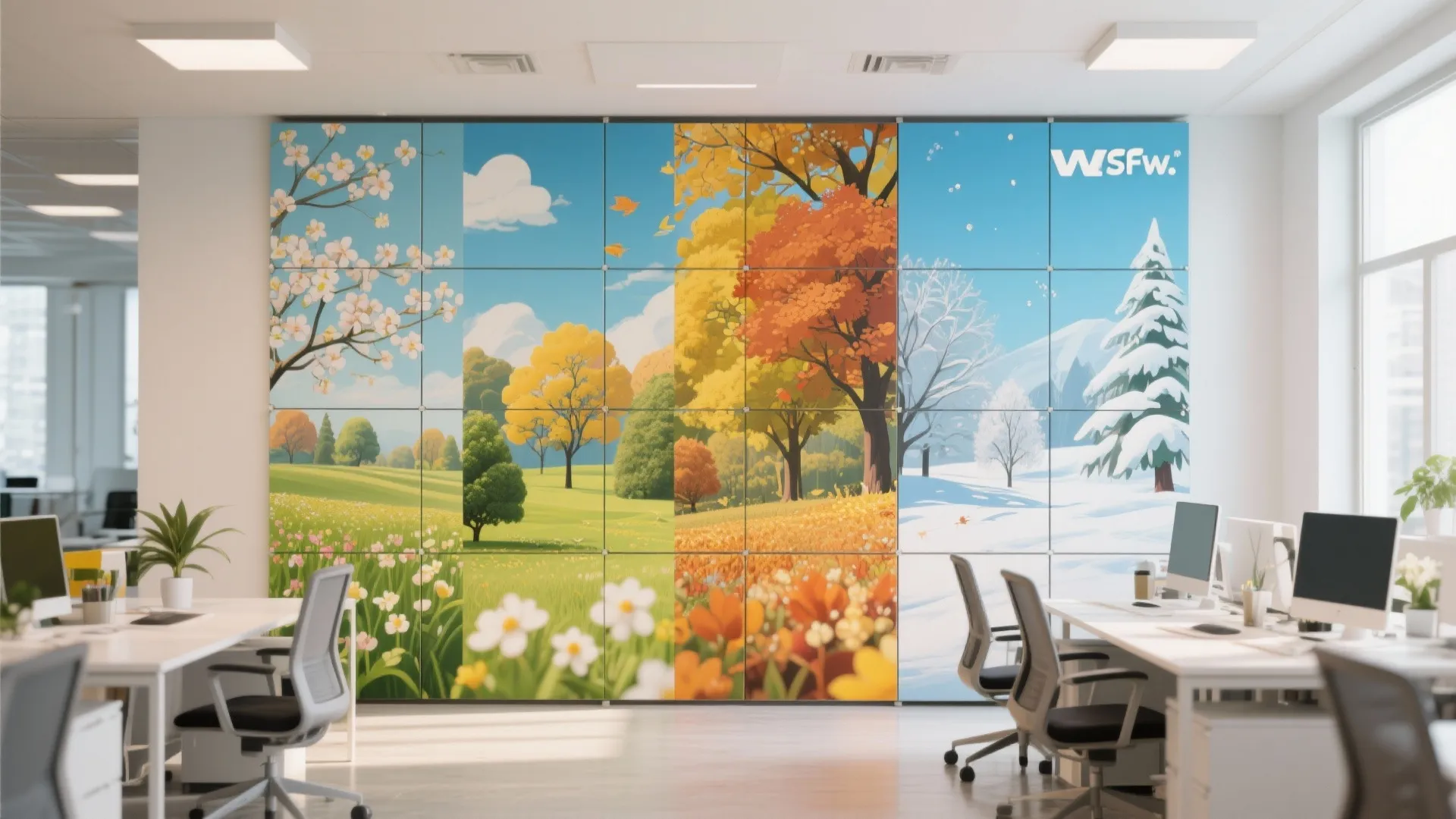 Office with interchangeable mural panels for different seasons