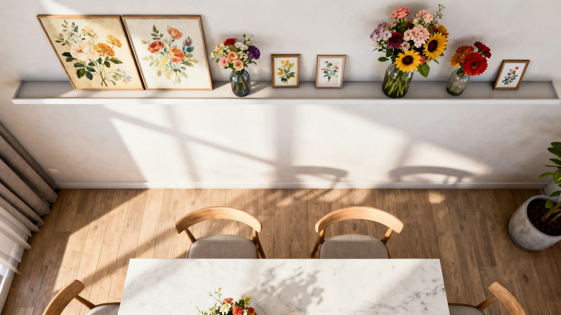 Slim shelf above a dining table displaying rotating seasonal art and vases.