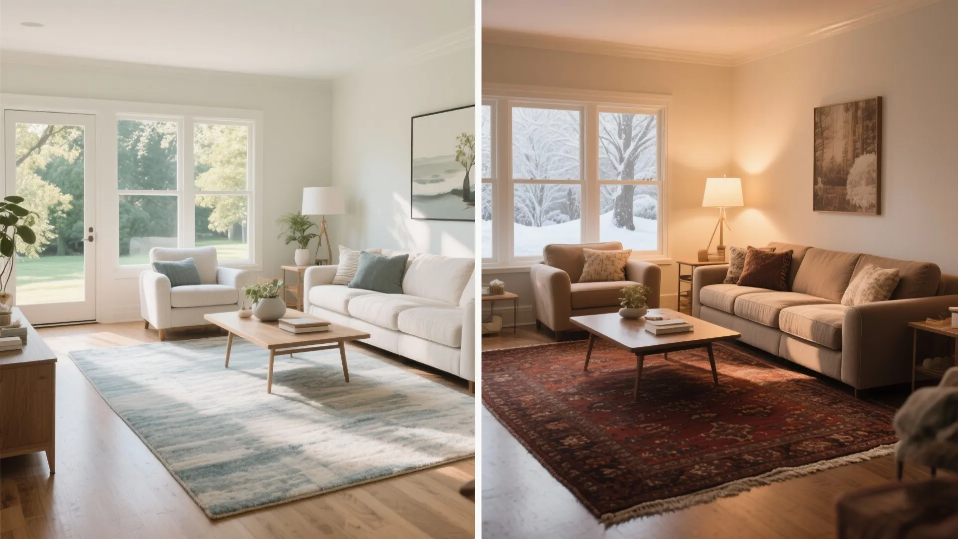 Living room showing summer and winter rug variations