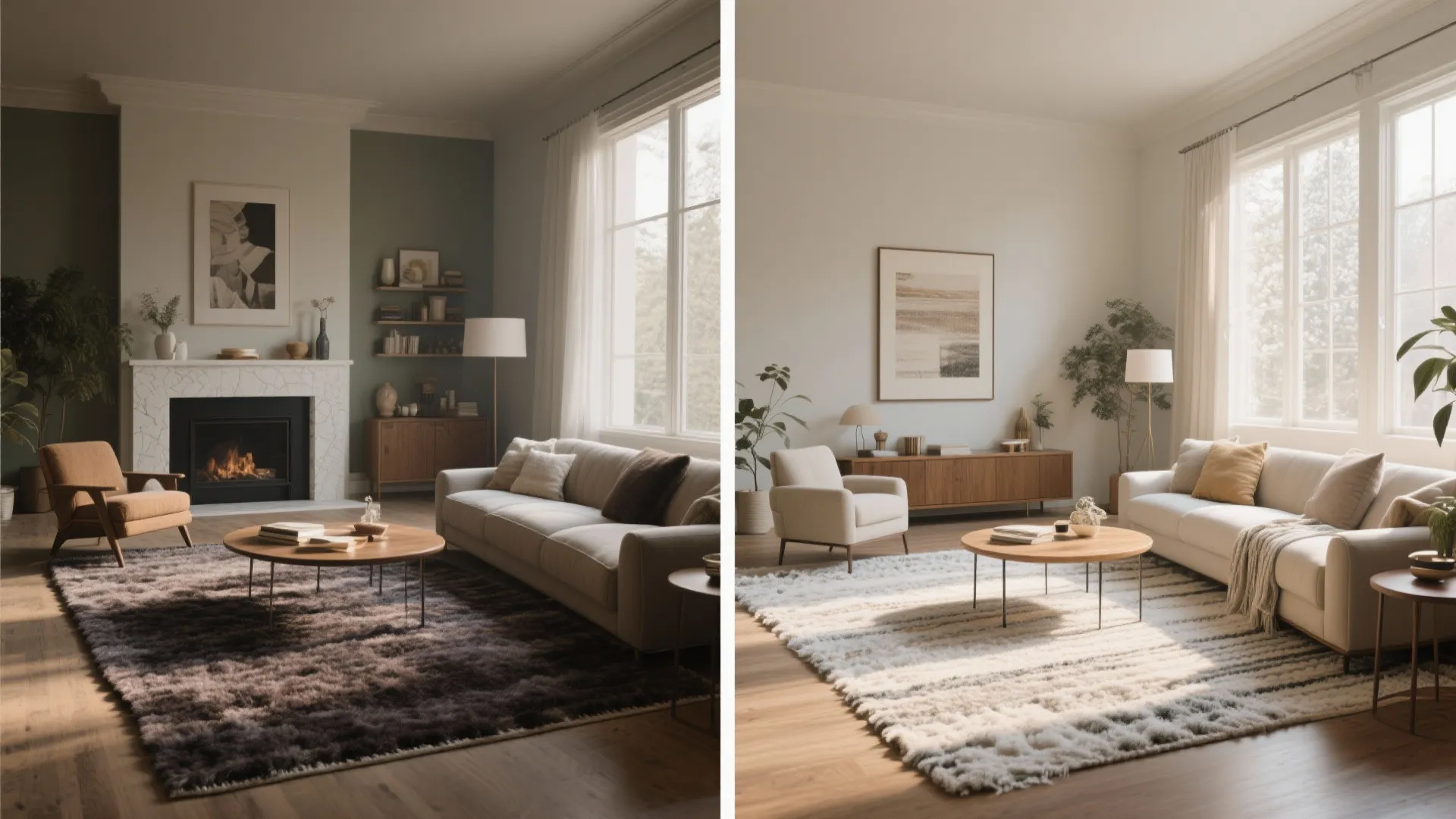 Living room side by side view showing dark shaggy rug versus light striped white area rug