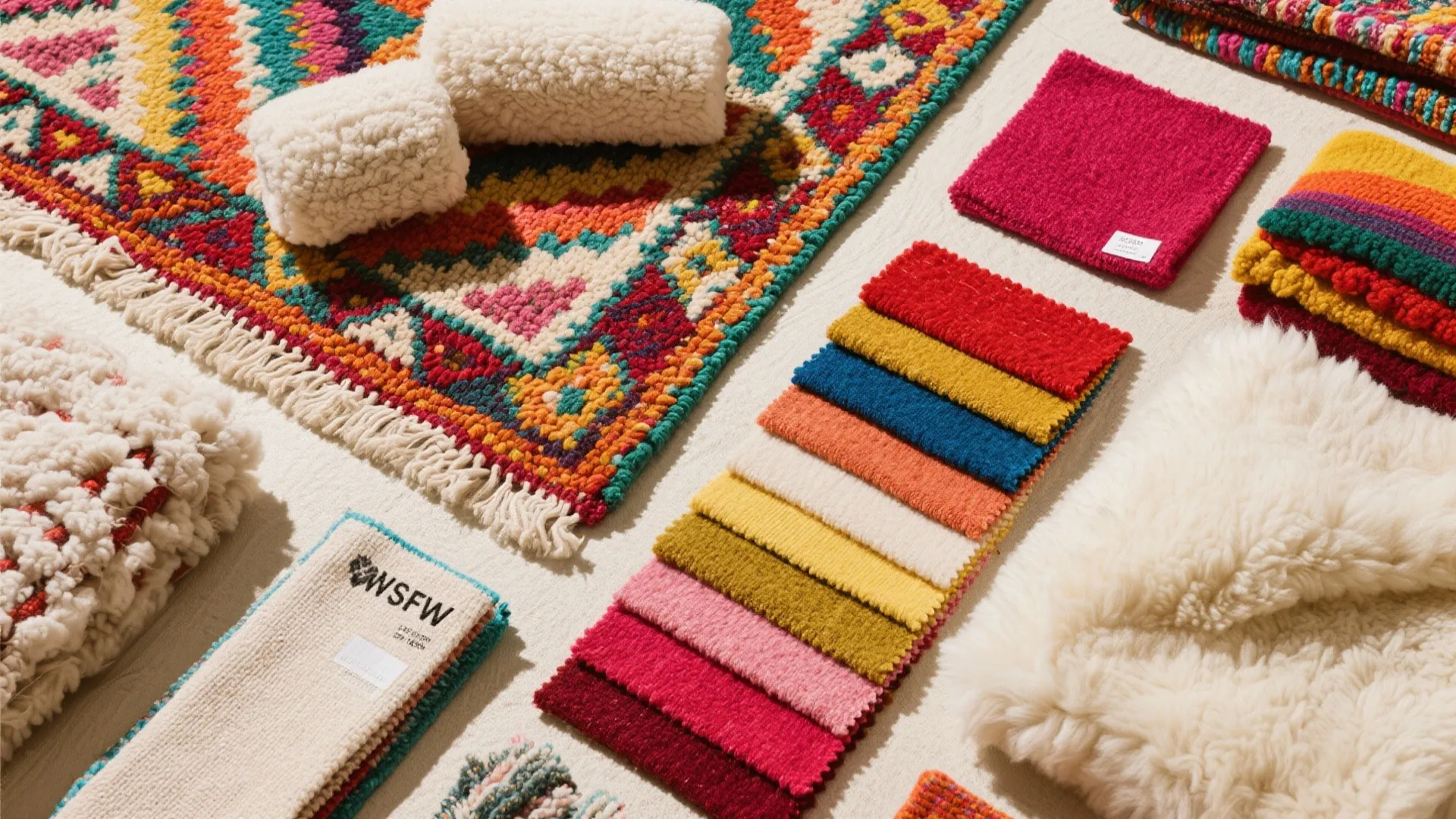 Colorful patterned area rug surrounded by various colorful fabric samples and soft white texture materials