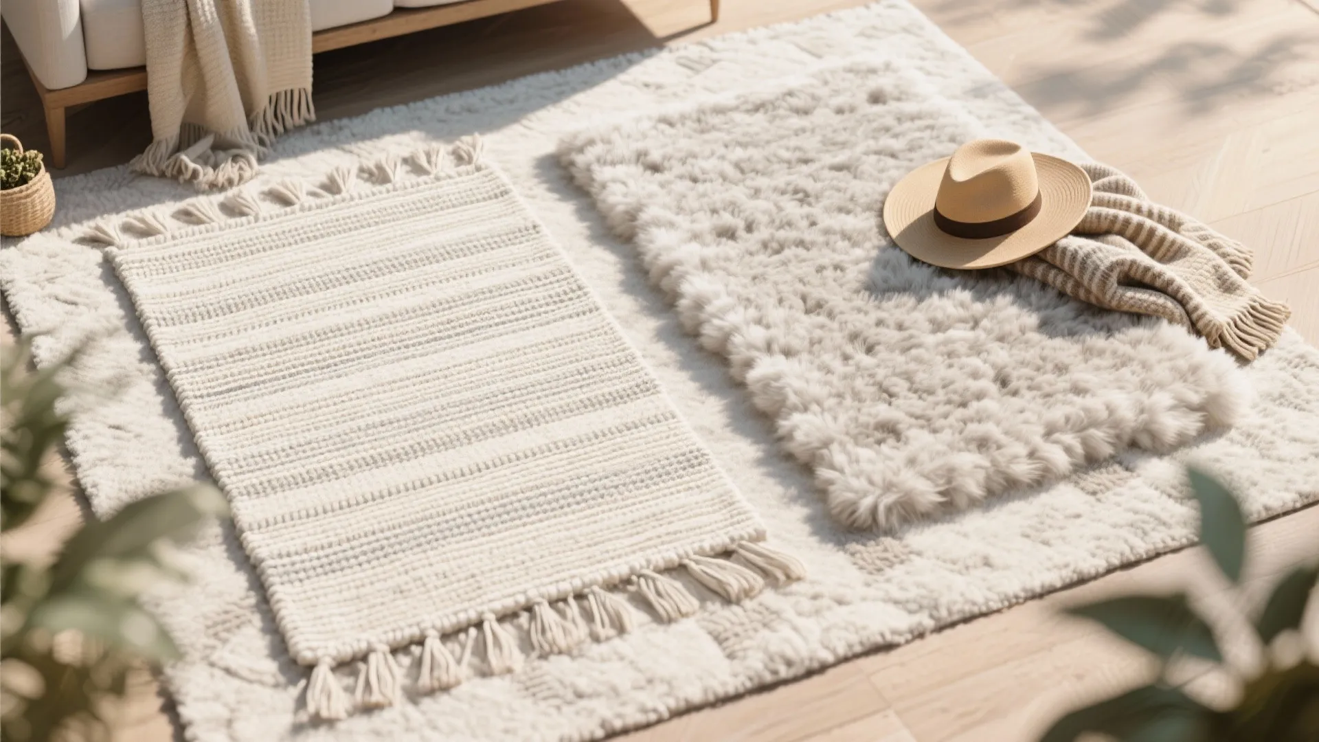 Textured white rugs layered on wood floor with a summer hat and a soft woven blanket