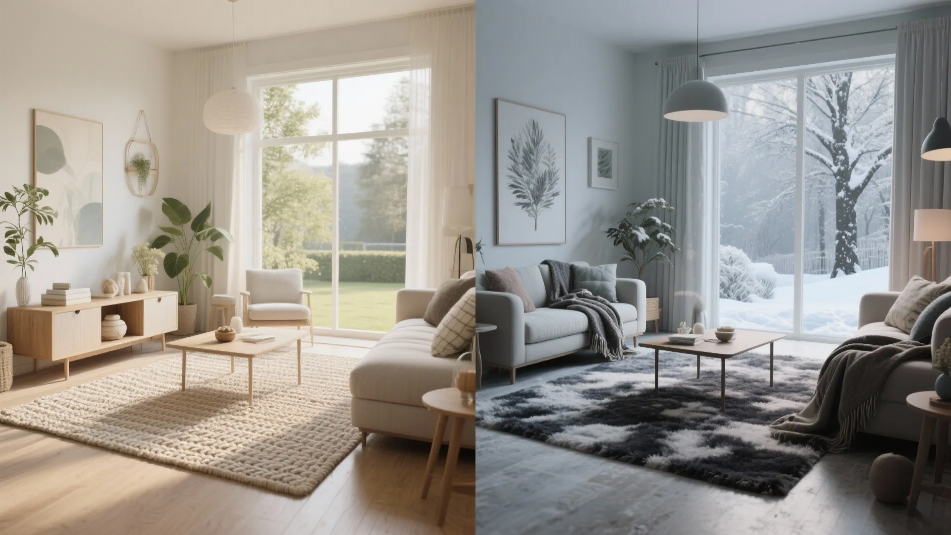 Side by side comparison of a sunny summer living room and a snowy winter scene