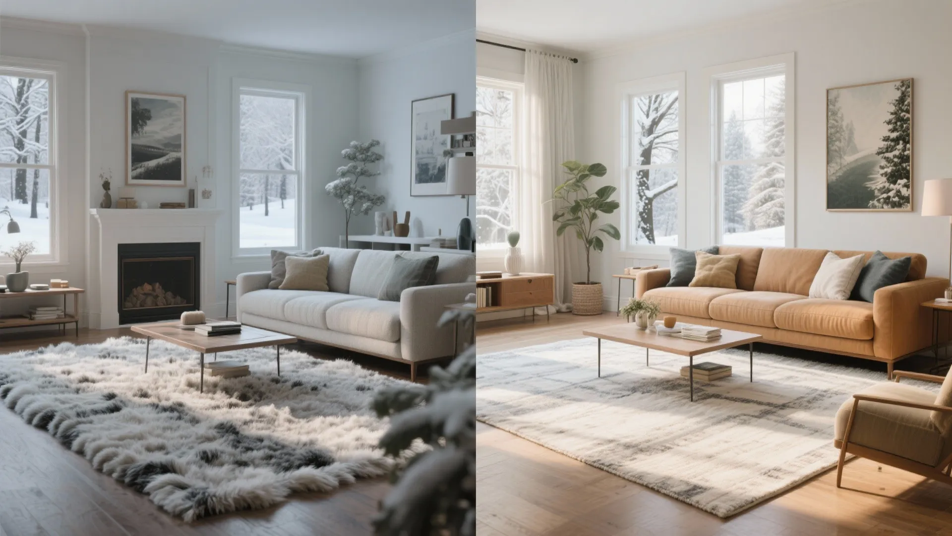Comparison of two living rooms showing different rugs and sofa colors for different home seasons