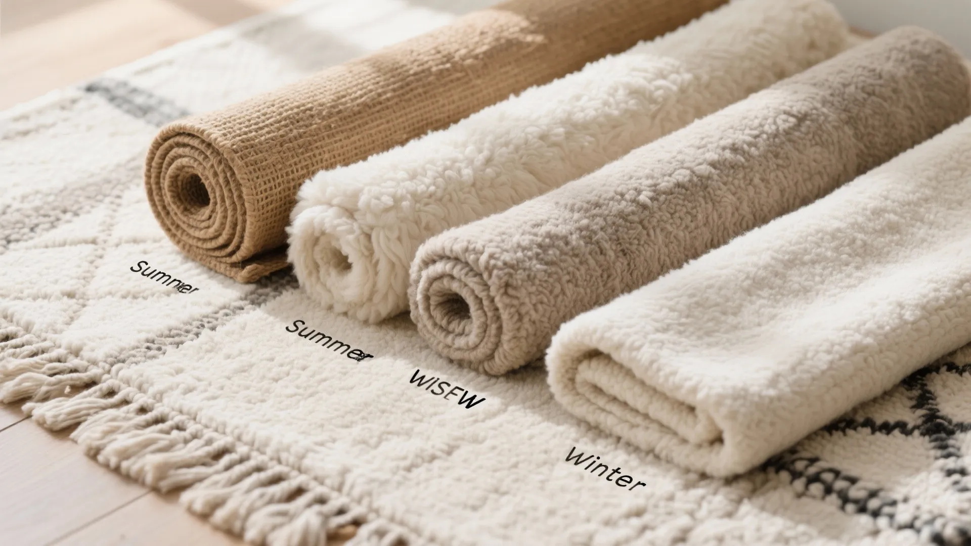 Rolled rug collection for summer and winter seasons placed on a patterned white carpet floor