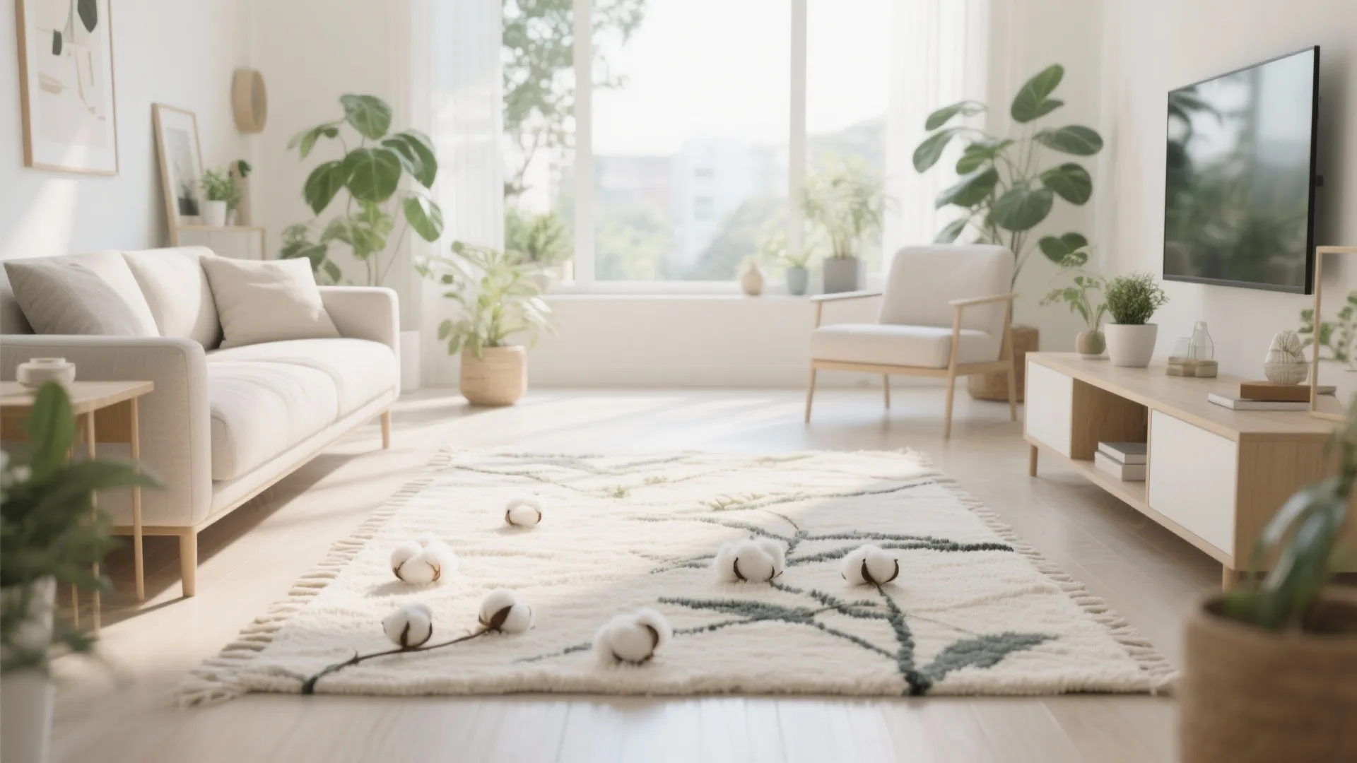 Bright living room featuring white sofa wooden cabinet and large floral rug with soft natural light