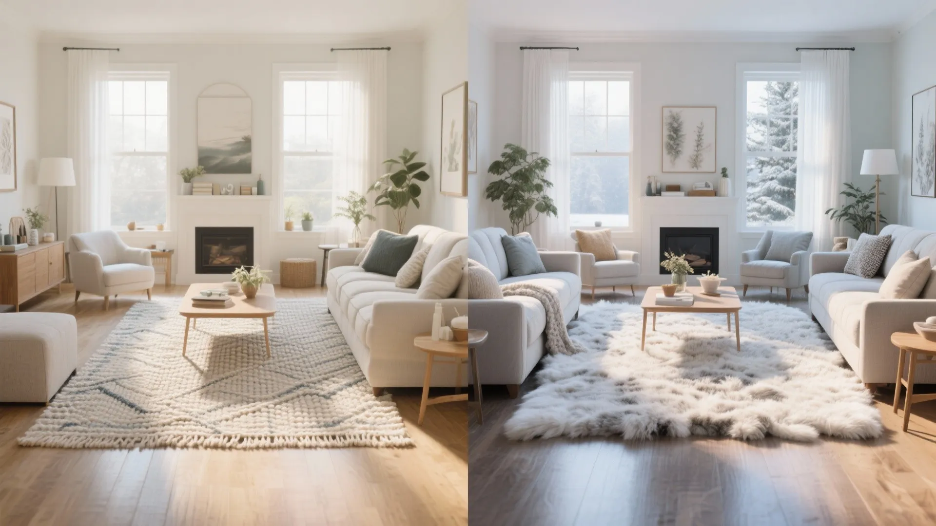 Before and after comparison showing a thin summer rug versus a thick white winter rug