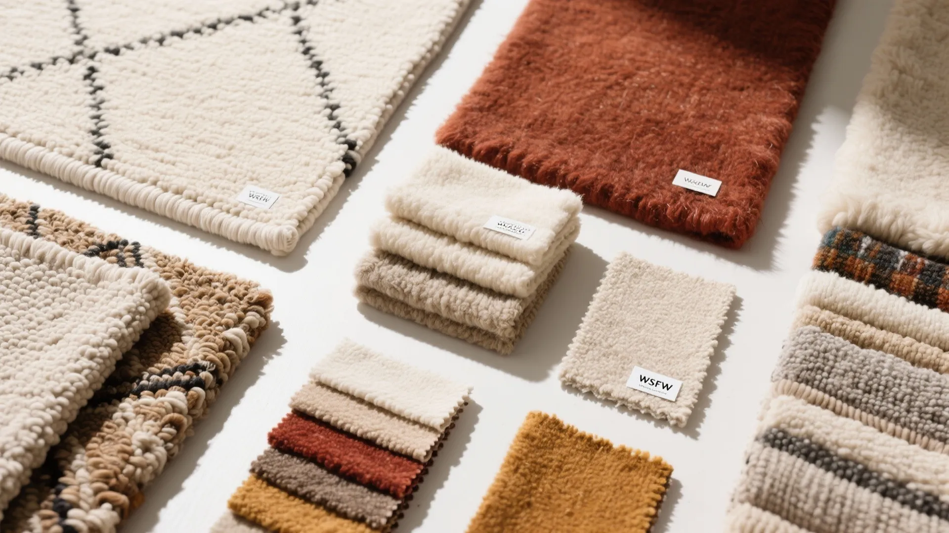 A flatlay of seasonal rug materials including cotton and wool blends