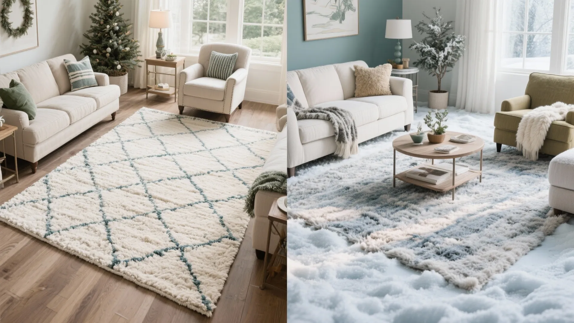 Comparison of living room with cream diamond rug versus blue fluffy rug for winter season