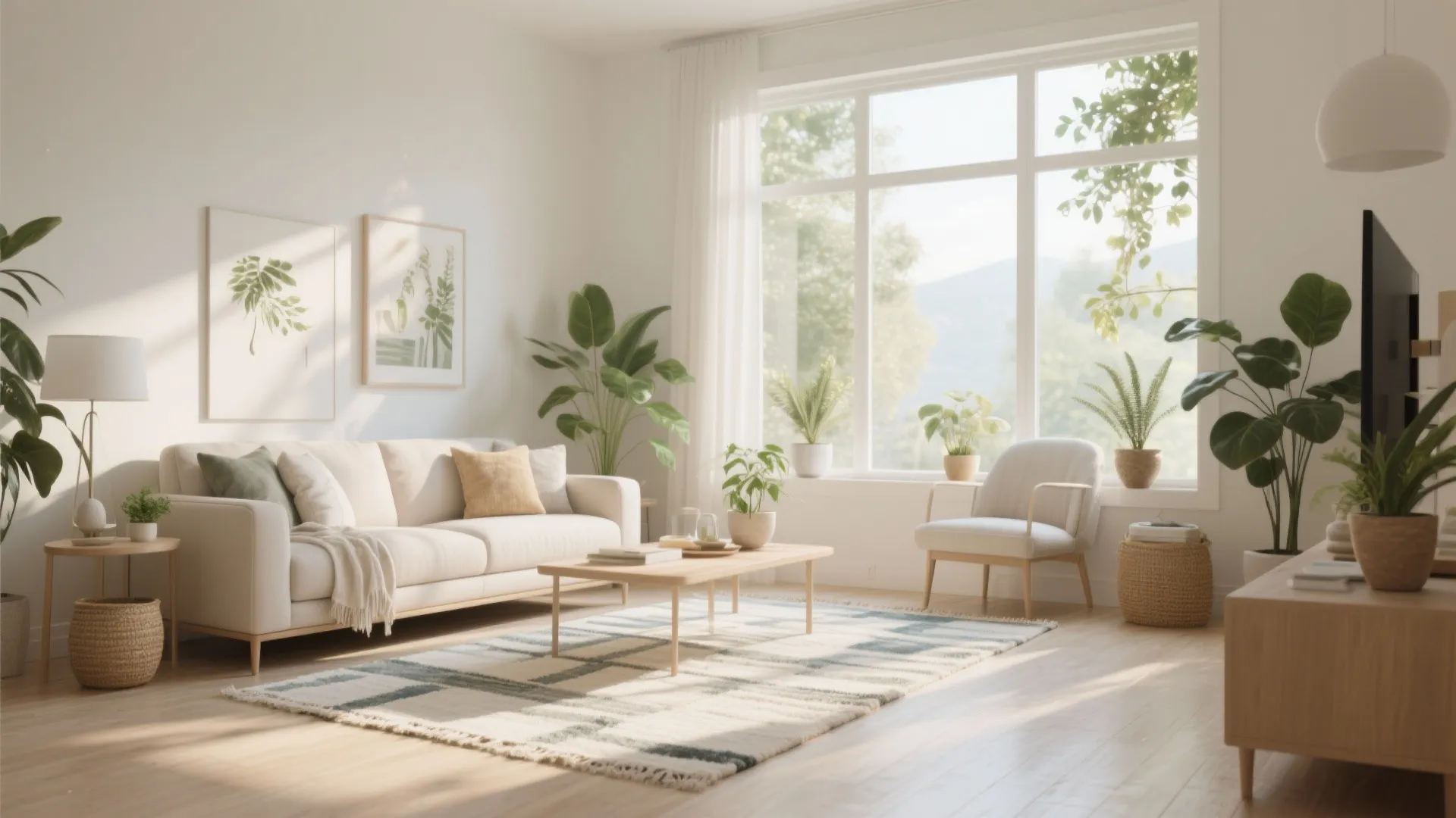 Modern living room featuring white sofa wooden coffee table plaid rug and several green plants