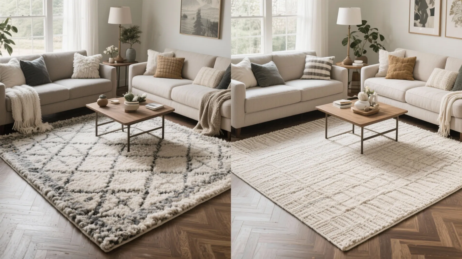 Side by side comparison of two different textured white area rugs in a bright living room