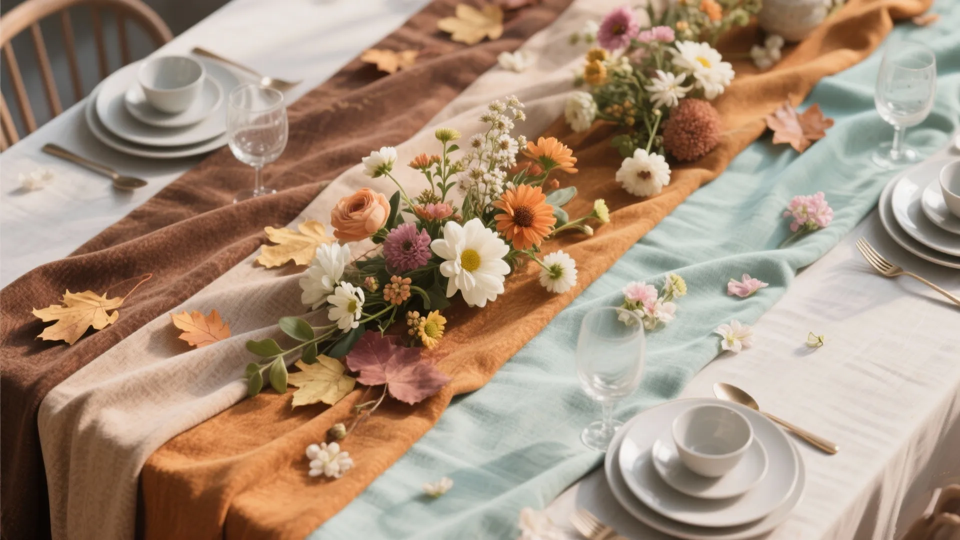 Dining table decorated with layered colorful fabric runners and a fresh flower arrangement with leaves