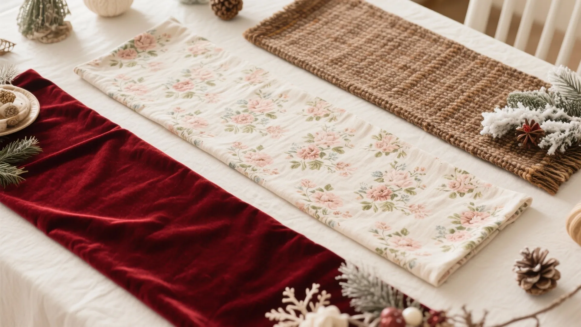 Three different table runners in red velvet, floral print, and brown jute with small holiday decorations