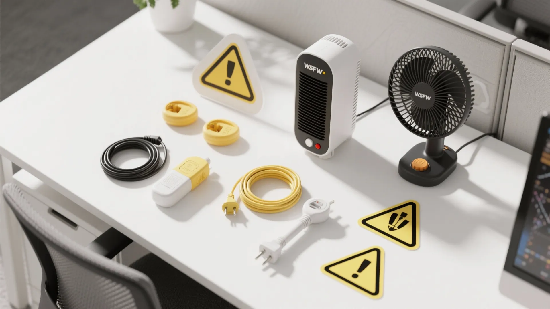 Office desk showing small space heater electric fan power cords and yellow safety warning signs