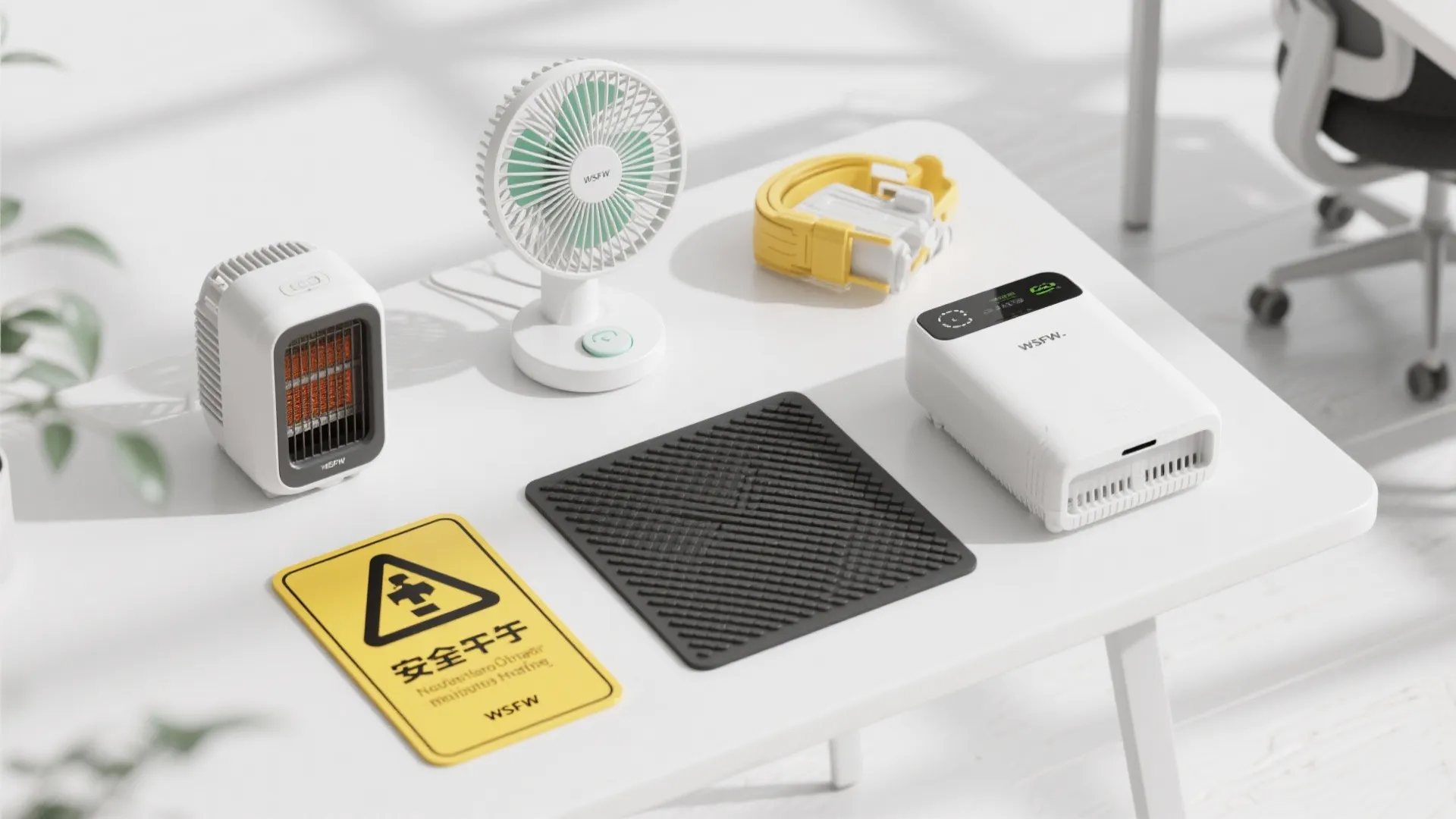 Desk with small heater electric fan yellow warning sign and various safety equipment for office