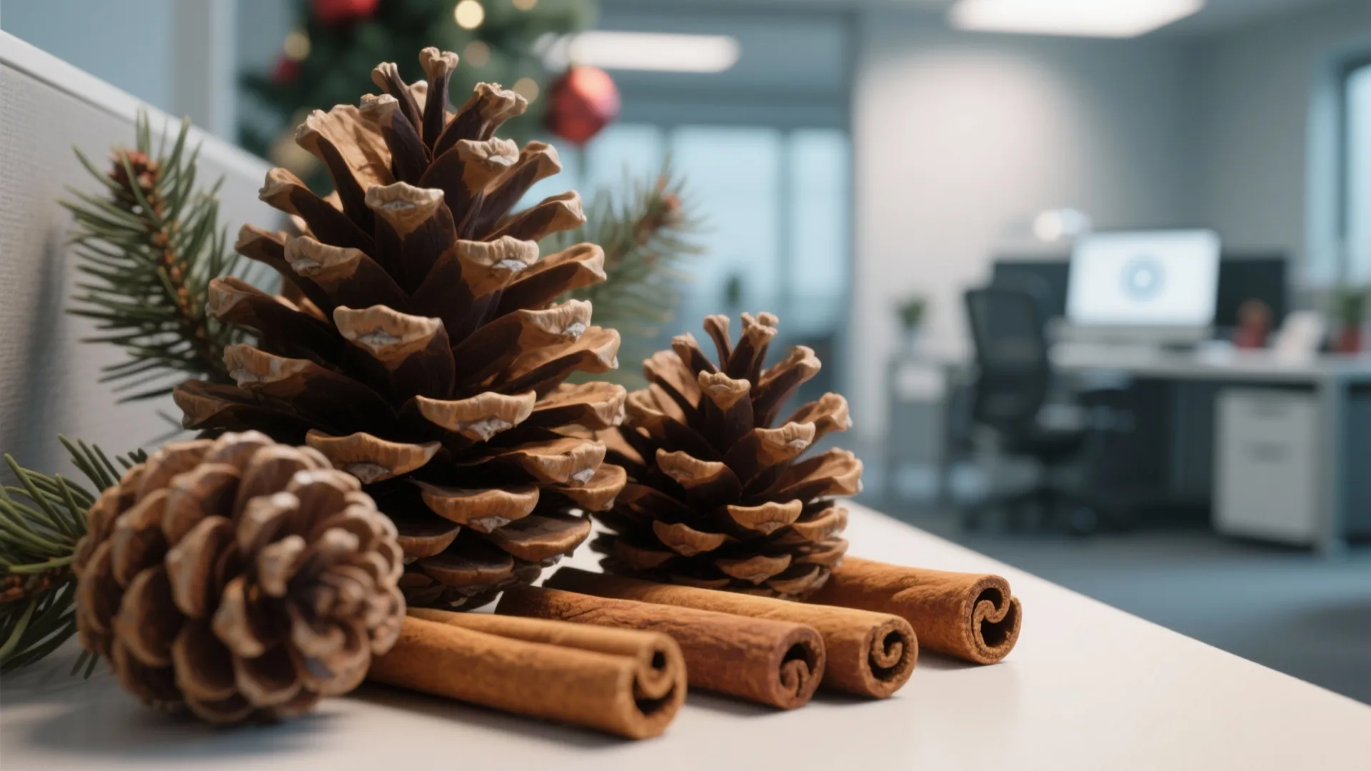Close up of pine cones and cinnamon sticks on a white desk in an office