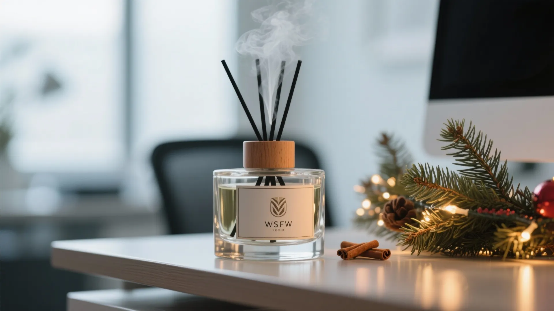 Glass scent diffuser bottle with wood cap and black sticks on white desk with pine