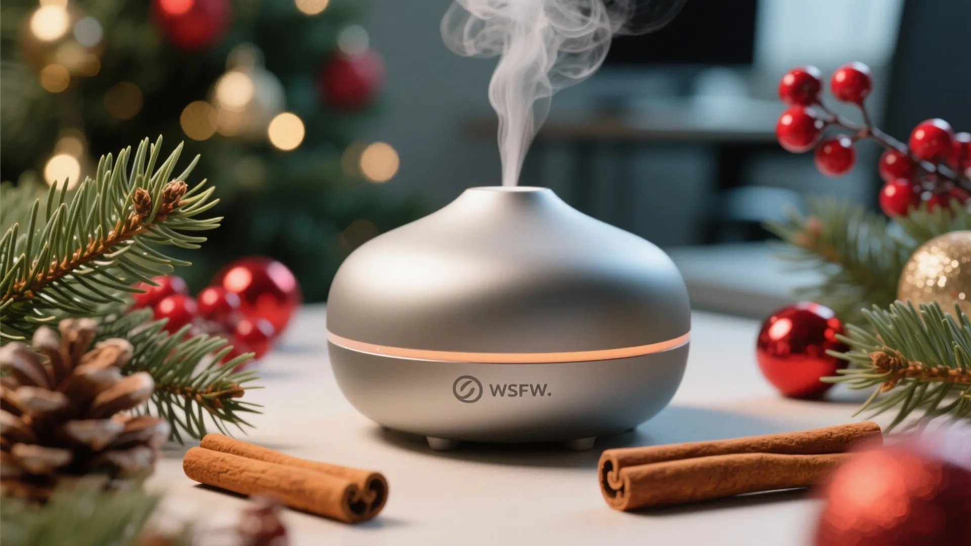 Silver round scent diffuser emitting steam on a table with cinnamon sticks and Christmas decorations