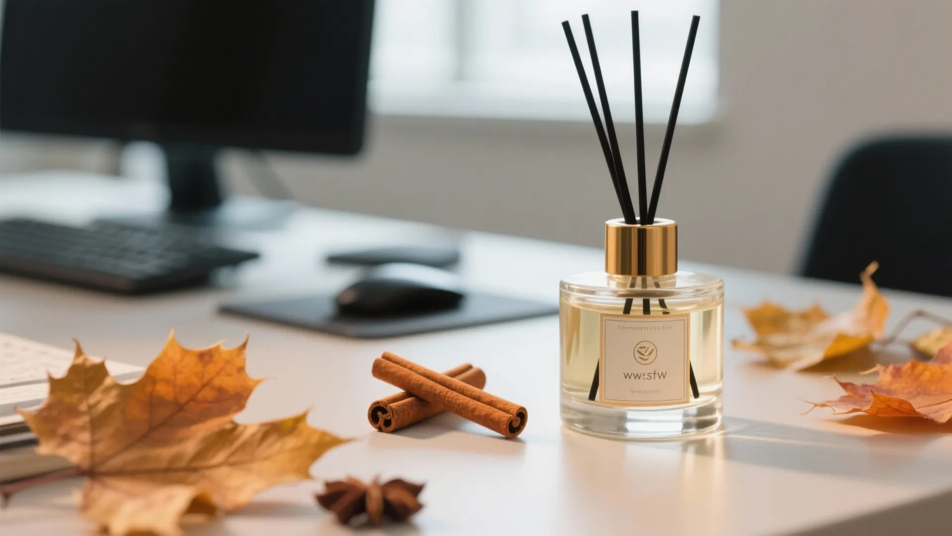 Glass scent diffuser with black sticks on a desk with autumn leaves and cinnamon sticks