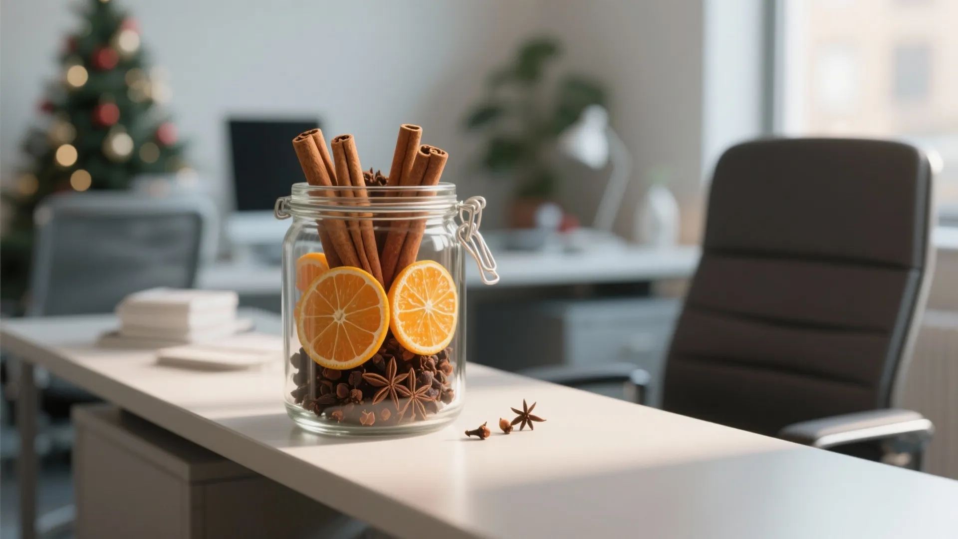 Glass jar with cinnamon sticks and orange slices on office desk with blurred Christmas tree