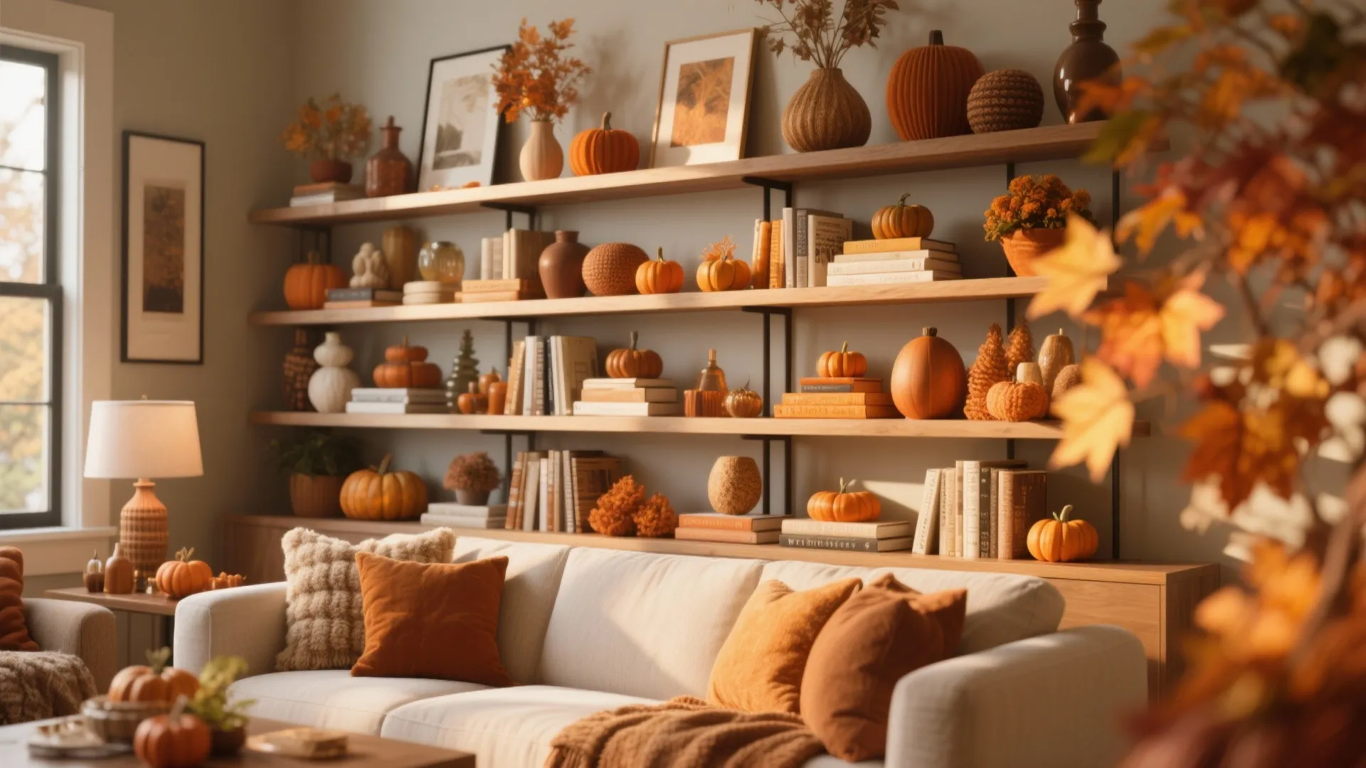 Living room with autumn decorations on wooden shelves including orange pumpkins and many books and sofa
