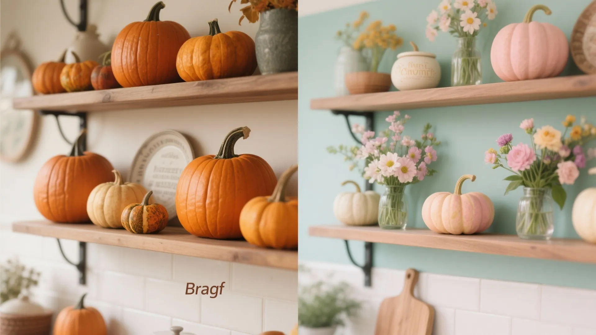 Comparison of kitchen shelves decorated with orange pumpkins versus pink pumpkins and various small flowers