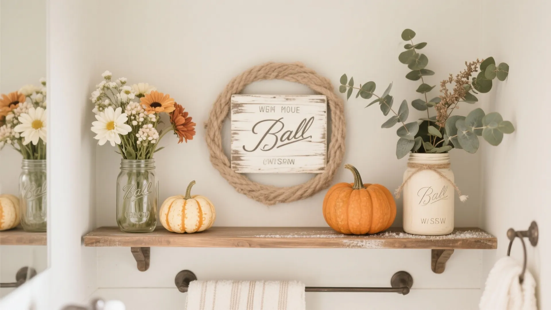 Seasonal bathroom shelf decor with pumpkins flowers glass jars and a decorative wall sign above