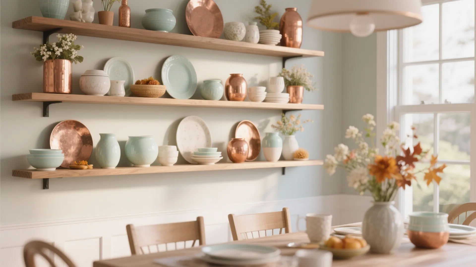 Three wooden floating shelves with copper and mint green ceramic dishes in a bright room