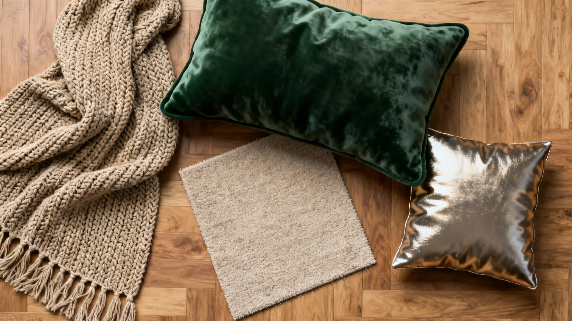 Top-down flatlay of velvet cushion, knitted throw and metallic accent pillow for seasonal swap