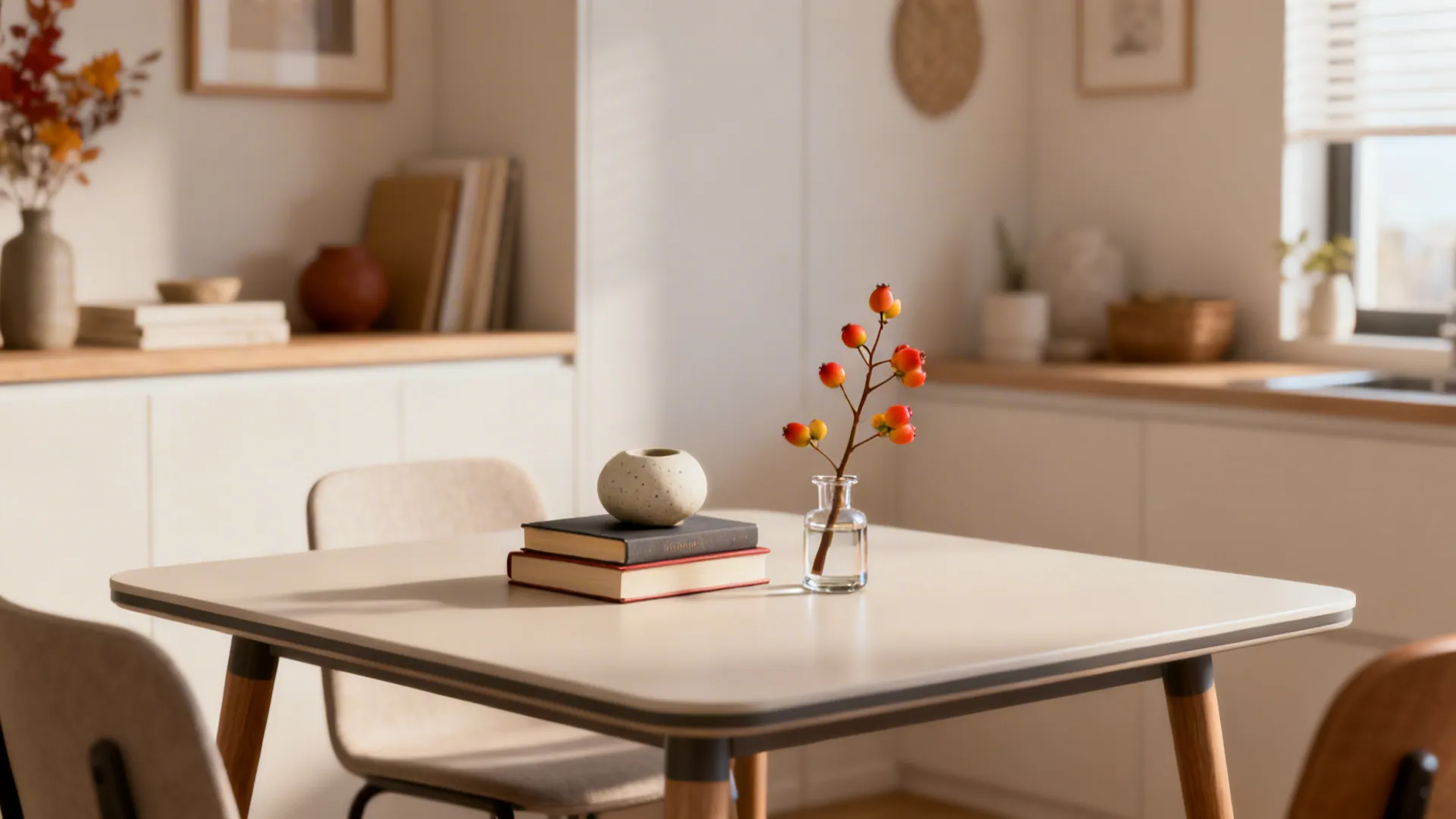 Small stacked vignette of books, ceramic object and a seasonal stem on a compact table.