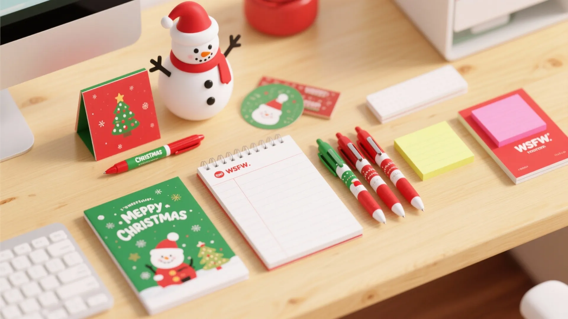 Wooden desk with snowman figure green Christmas notebook red pens sticky notes and holiday stationery