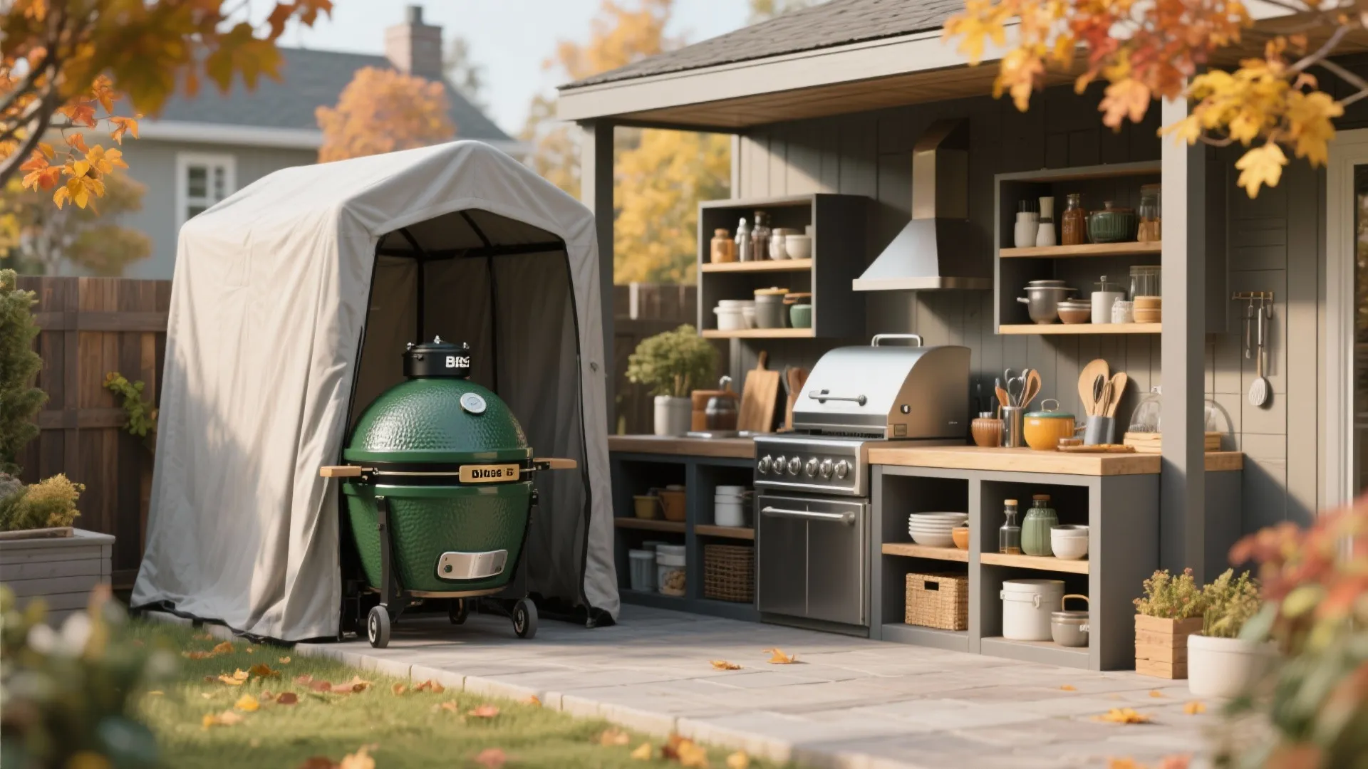Seasonal storage for outdoor kitchen Big Green Egg and tools