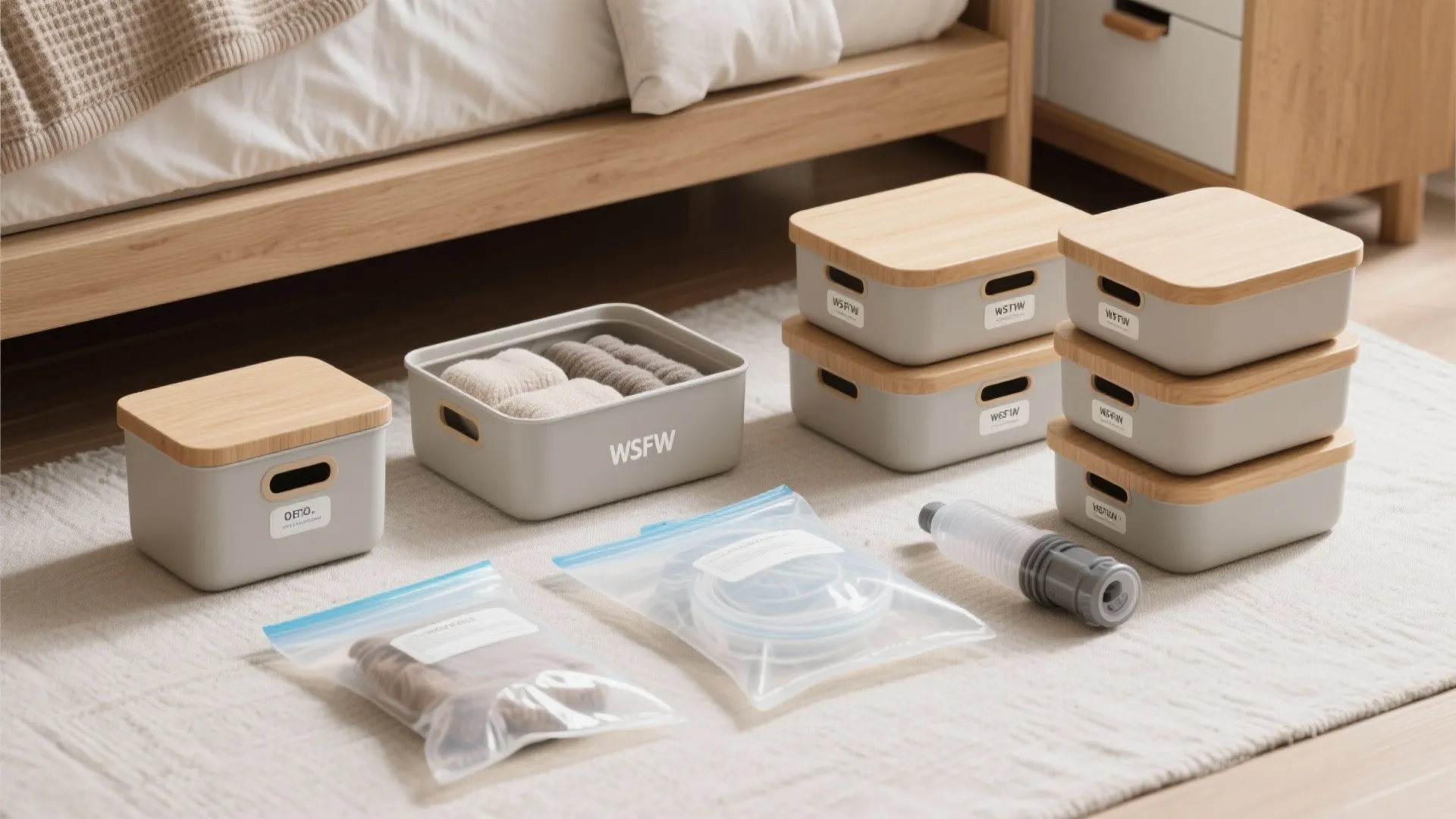 Organized grey storage boxes with wood lids and vacuum bags on rug in a bedroom