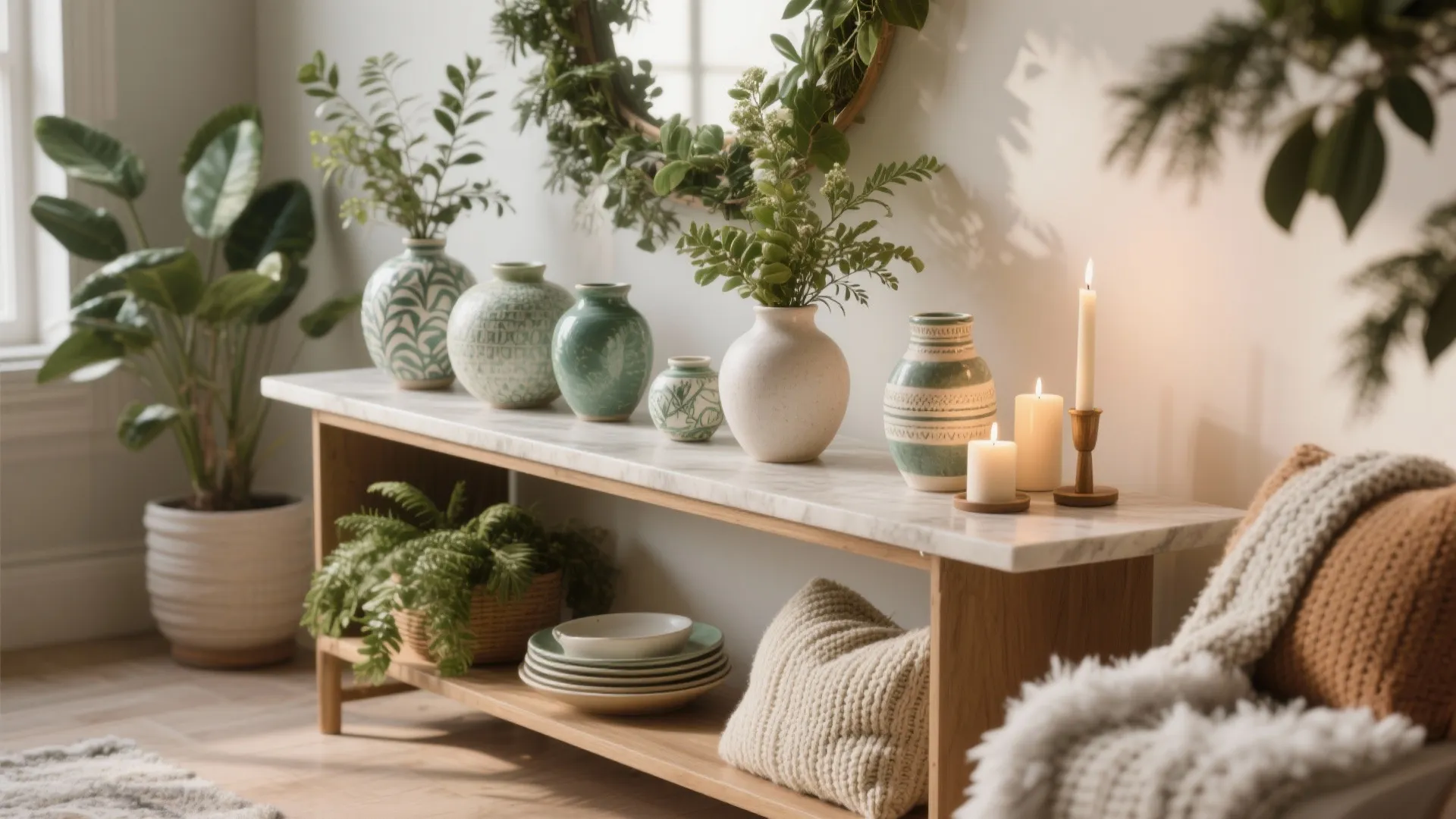 Console decorated with seasonal accents like greenery and candles