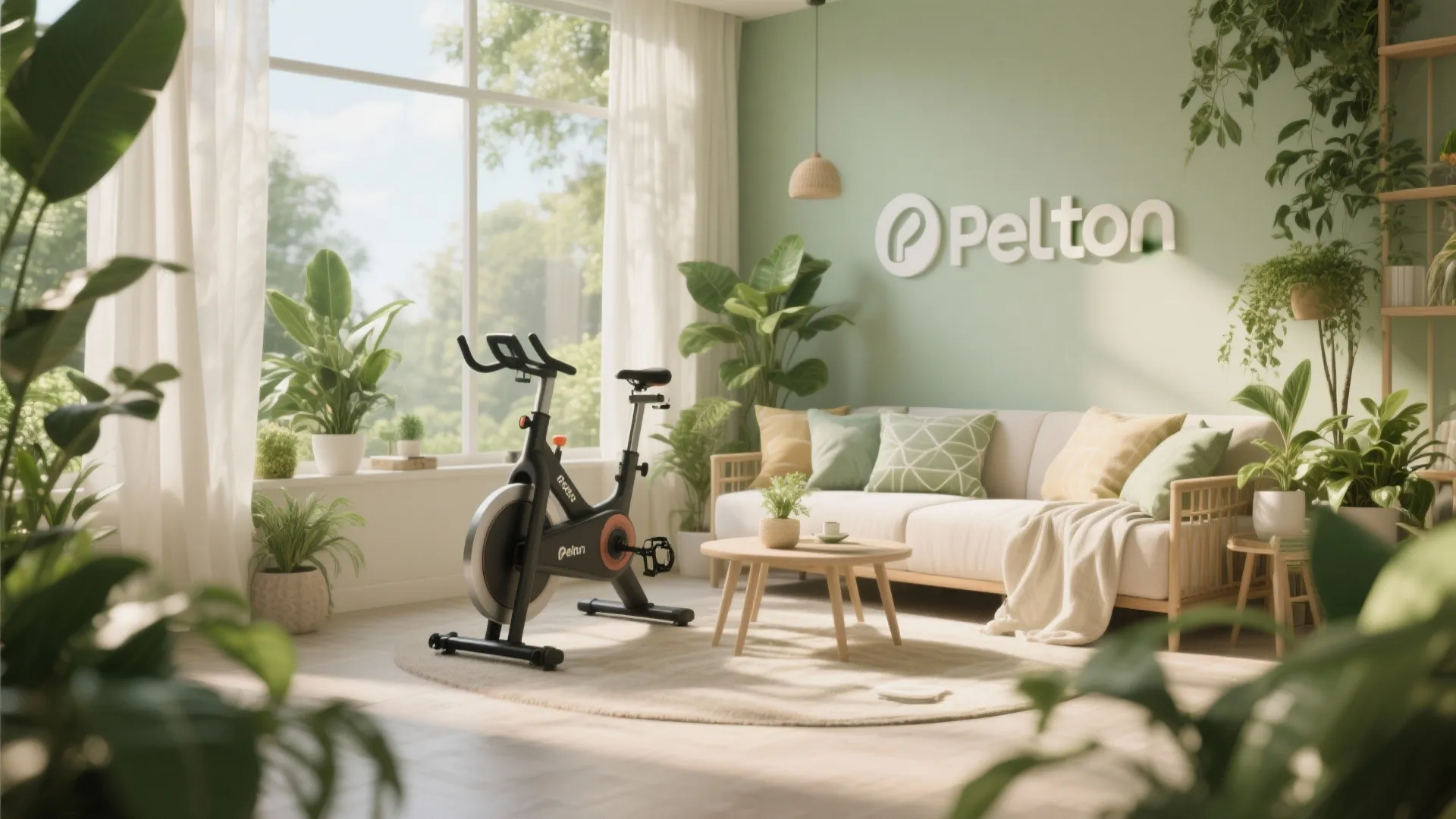 Peloton area decorated with plants for summer season